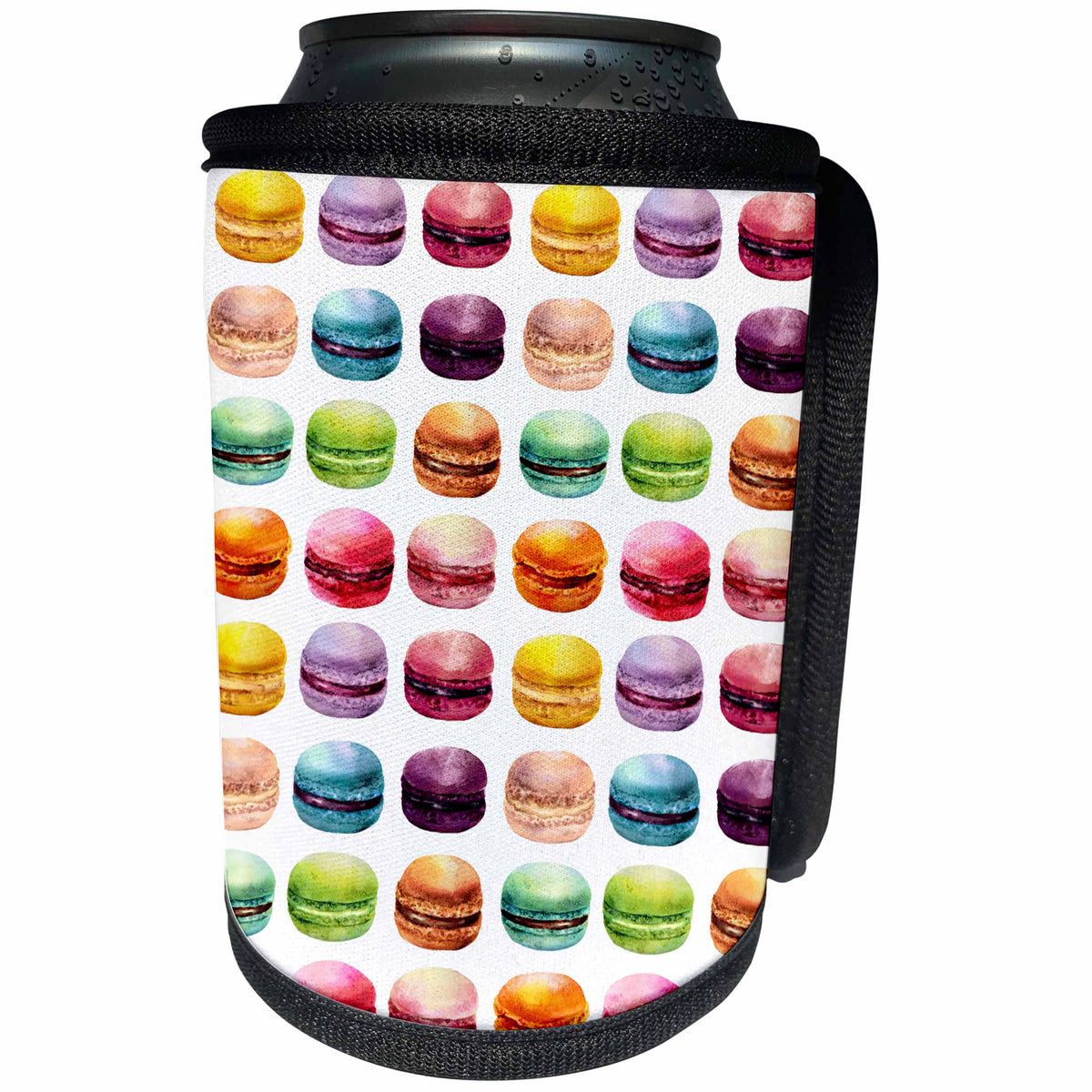 3dRose Anne Marie Baugh - Watercolor - Colorful Watercolor French Macaroon Cookies All In A Row Pattern - Can Cooler Bottle Wrap (cc_252909)