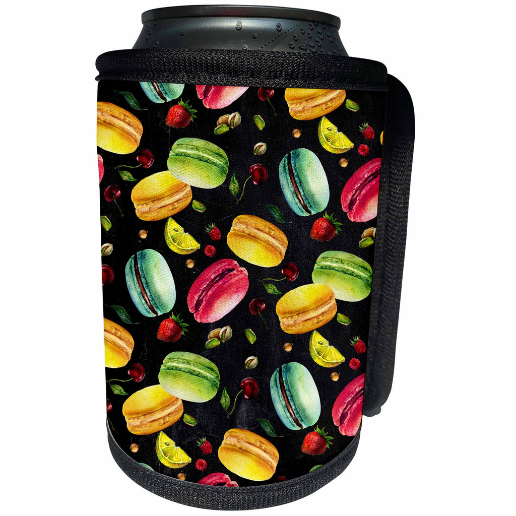 3dRose Anne Marie Baugh - Watercolor - Colorful Watercolor Tossed French Macaroon Cookies On Black Pattern - Can Cooler Bottle Wrap (cc_252910)