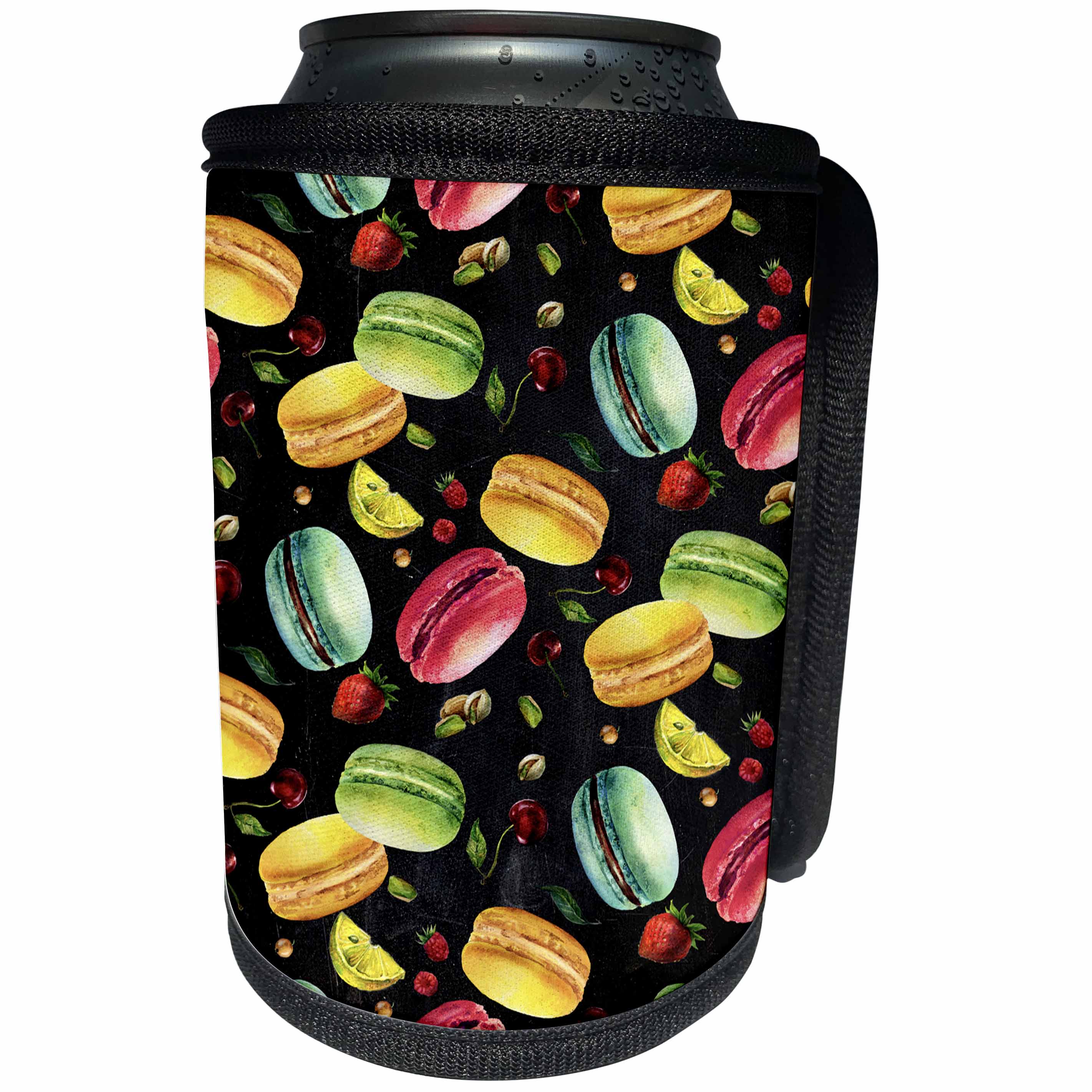 3dRose Anne Marie Baugh - Watercolor - Colorful Watercolor Tossed French Macaroon Cookies On Black Pattern - Can Cooler Bottle Wrap (cc_252910)