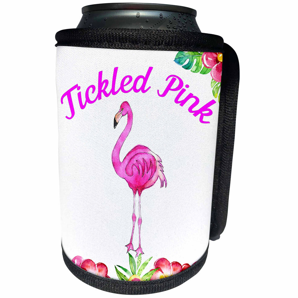 3dRose Anne Marie Baugh - Quotes - Cute Watercolor Pink Flamingo Bird Floral With Tickled Pink - Can Cooler Bottle Wrap (cc_252922)