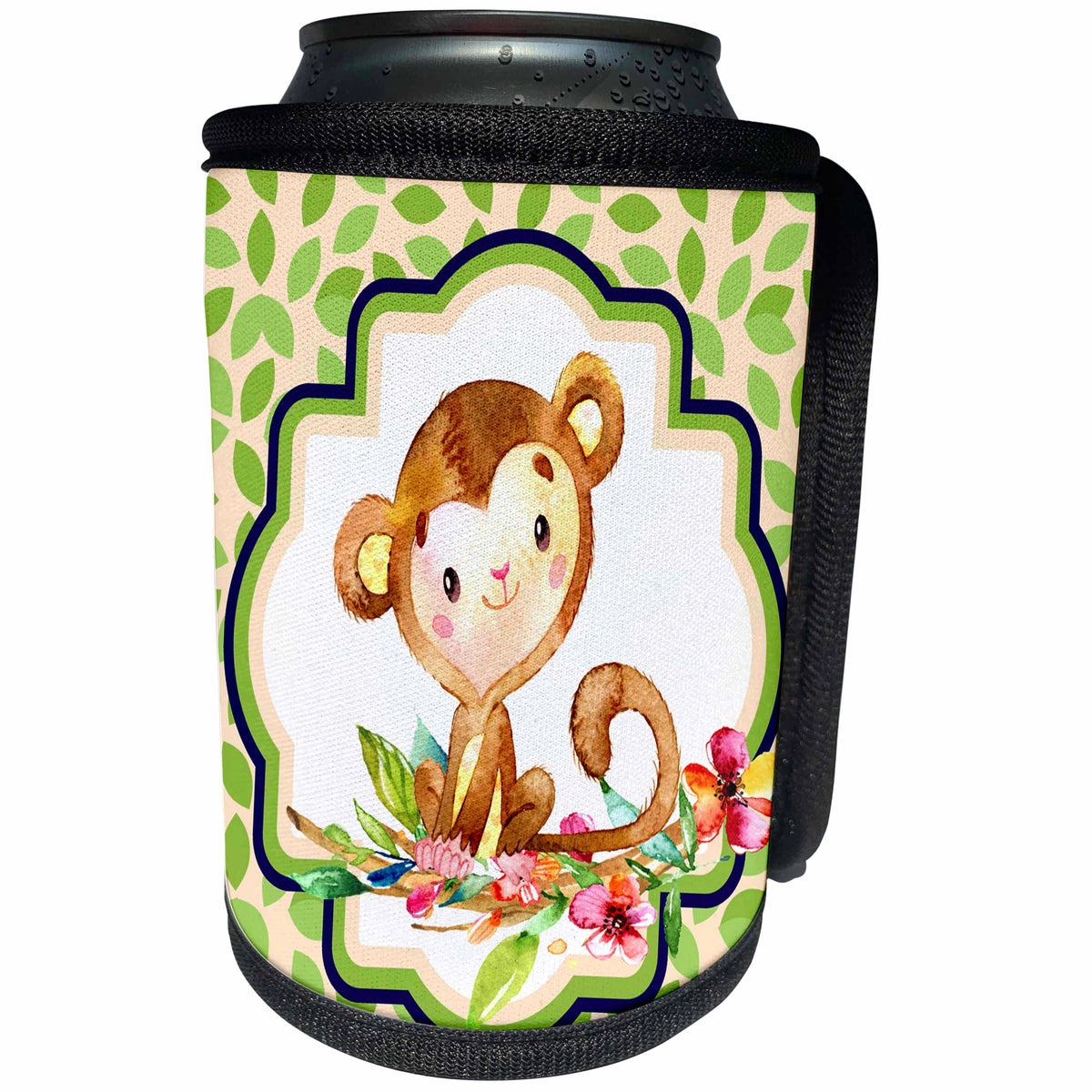 3dRose Anne Marie Baugh - Watercolor - Cute Watercolor Monkey On A Jungle Leaves Background - Can Cooler Bottle Wrap (cc_252923)