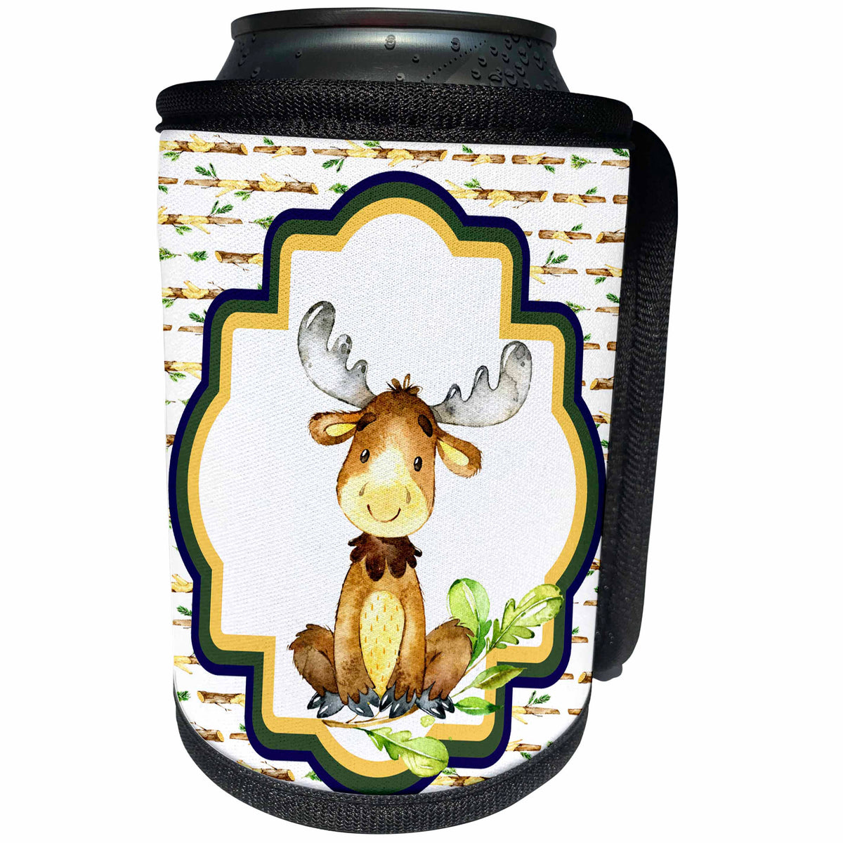 3dRose Anne Marie Baugh - Watercolor - Cute Watercolor Woodland Moose On A Wood Log Background - Can Cooler Bottle Wrap (cc_252925)