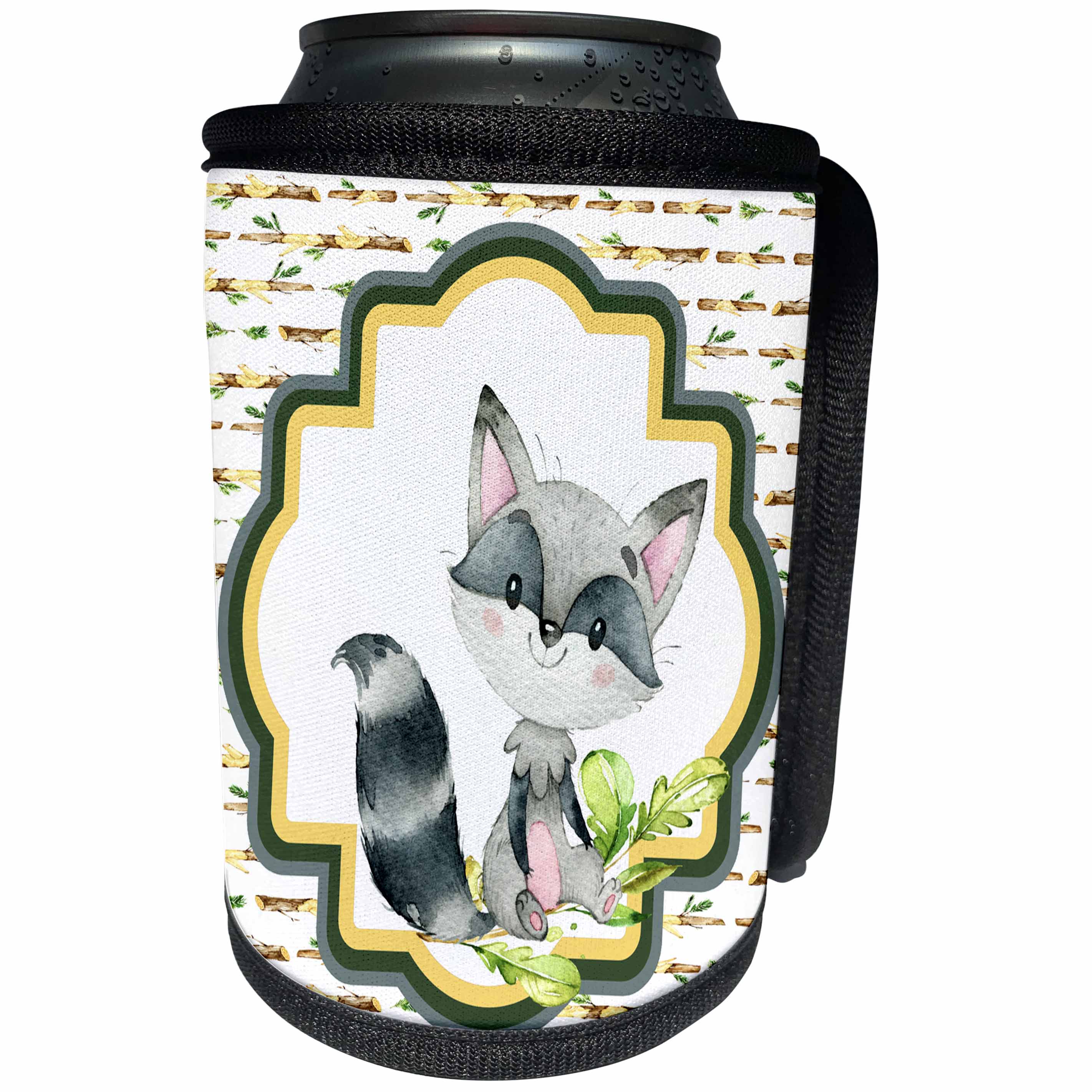 3dRose Anne Marie Baugh - Watercolor - Cute Watercolor Woodland Raccoon On A Wood Log Background - Can Cooler Bottle Wrap (cc_252926)