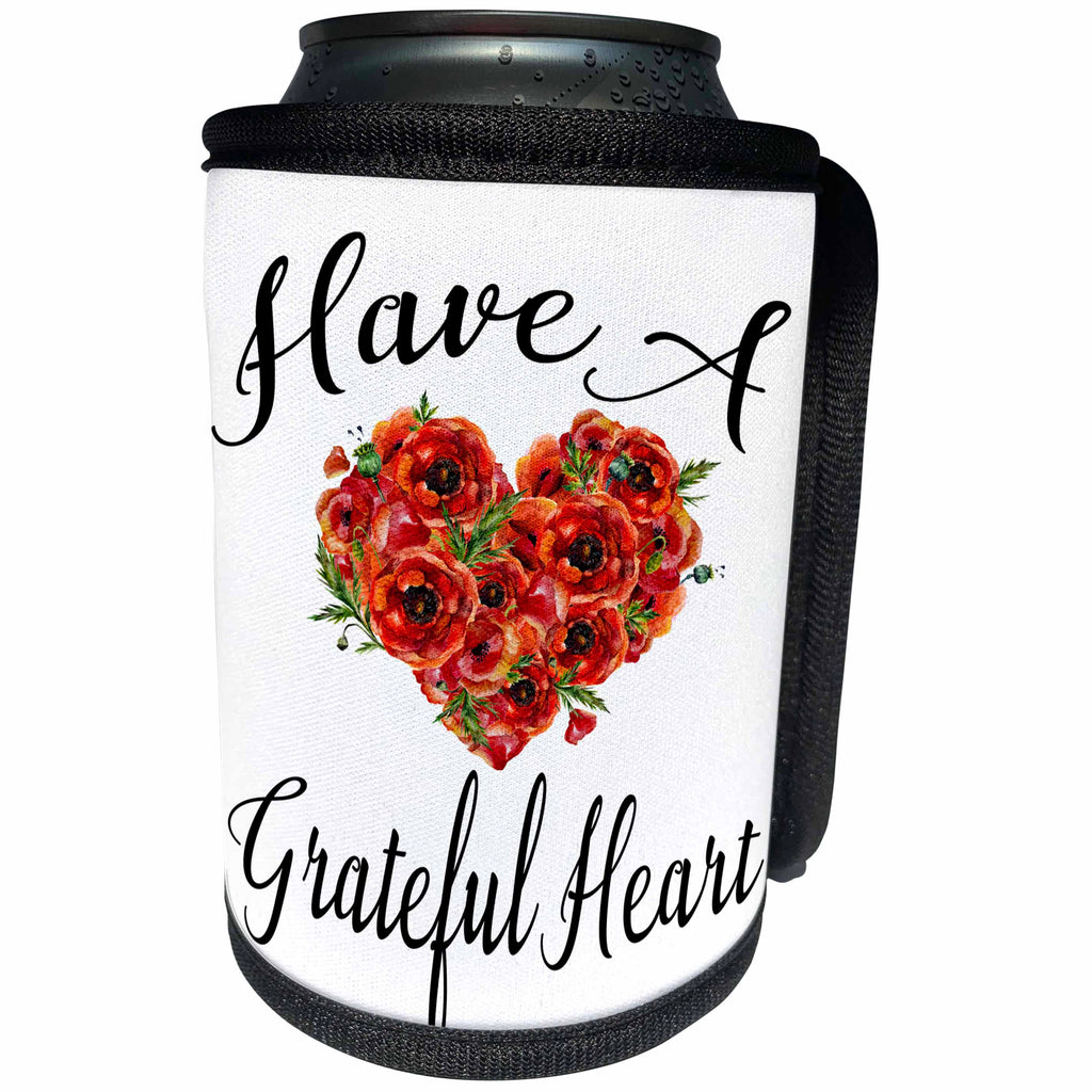 3dRose Anne Marie Baugh - Quotes - Have A Grateful Heart With A Watercolor Red Poppy Flower Heart - Can Cooler Bottle Wrap (cc_252932)