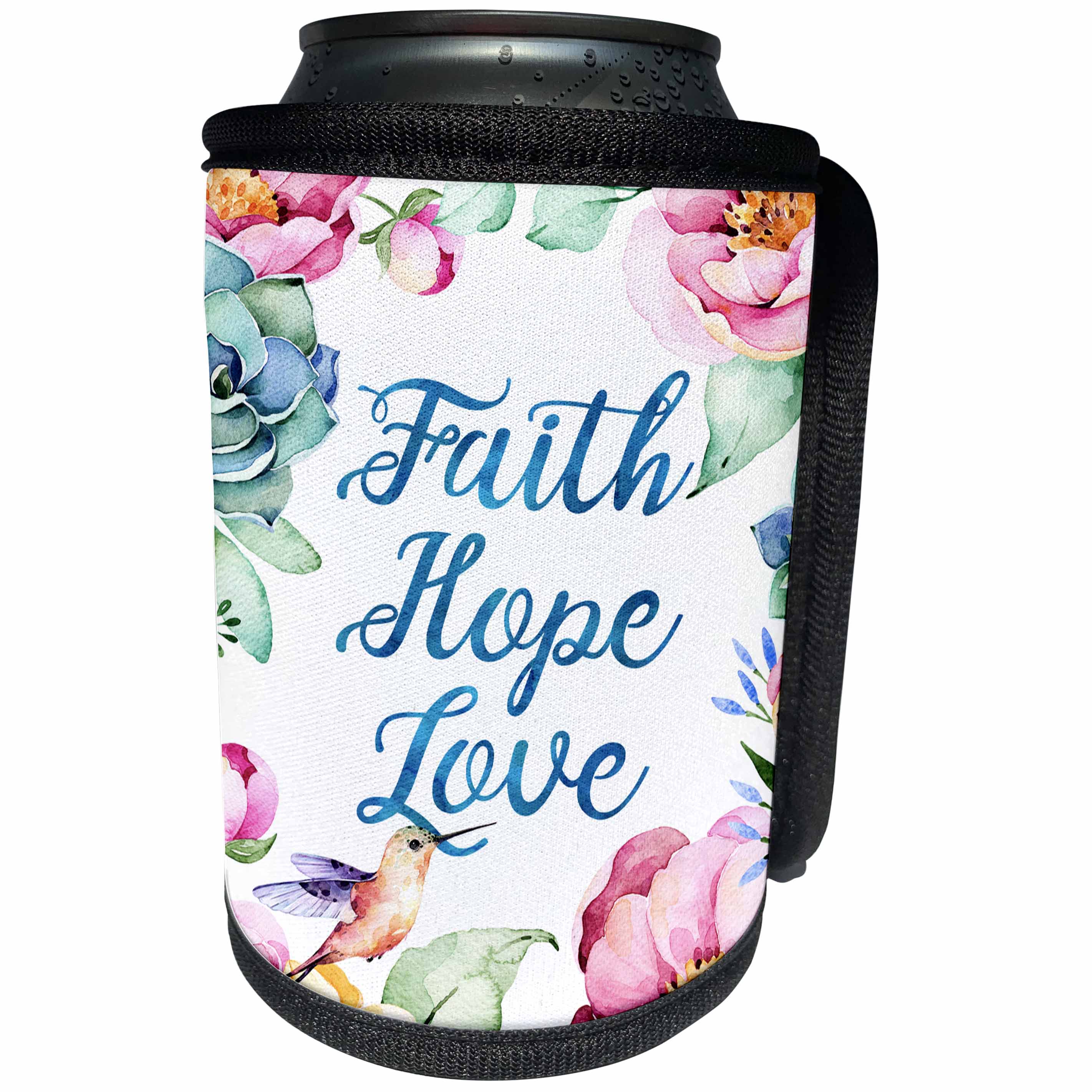 3dRose Anne Marie Baugh - Quotes - Faith, Hope, Love Surrounded By Pretty Pastel Watercolor Flowers - Can Cooler Bottle Wrap (cc_252933)
