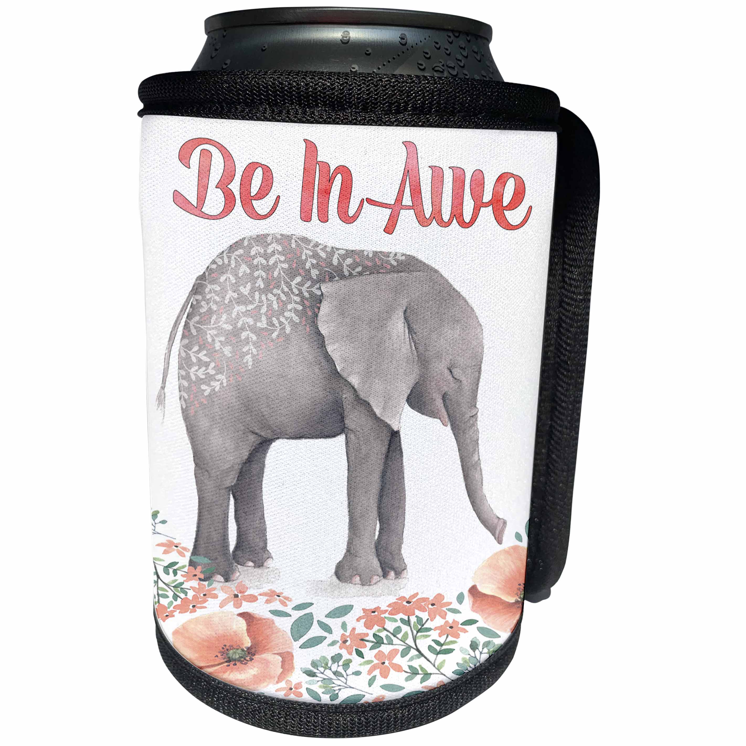 3dRose Anne Marie Baugh - Quotes - Be In Awe With A Cute Watercolor Floral Elephant - Can Cooler Bottle Wrap (cc_252937)