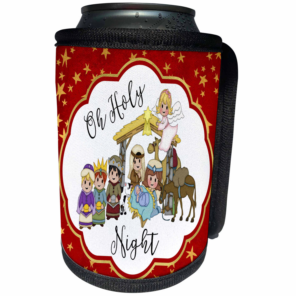 3dRose Anne Marie Baugh - Christmas - Oh Holy Night With A Cute Nativity On A Gold and Red Star Background - Can Cooler Bottle Wrap (cc_252942)