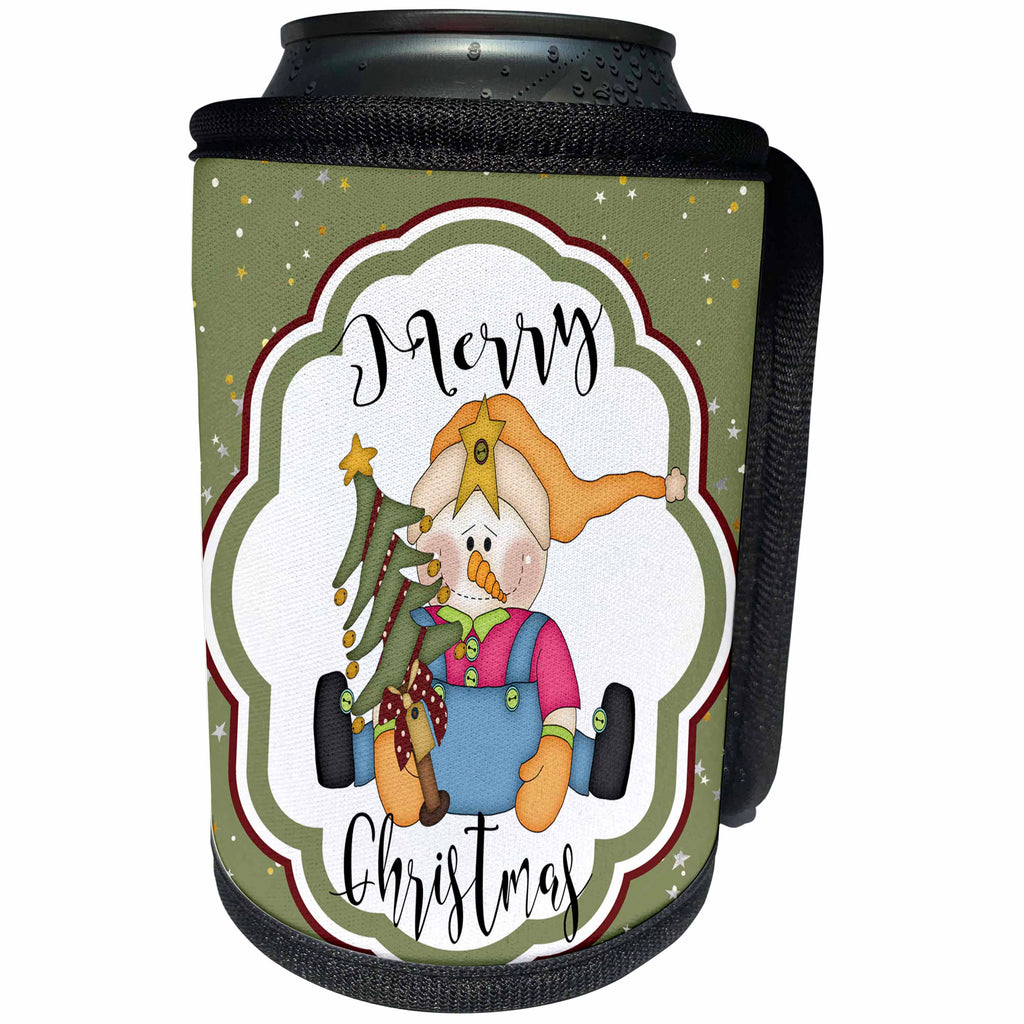 3dRose Anne Marie Baugh - Christmas - Cute Snowman With A Tree Merry Christmas - Can Cooler Bottle Wrap (cc_252945)