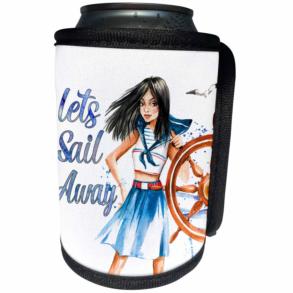 3dRose Anne Marie Baugh - Quotes - Cute Sailing Girl With Lets Sail Away - Can Cooler Bottle Wrap (cc_252947)