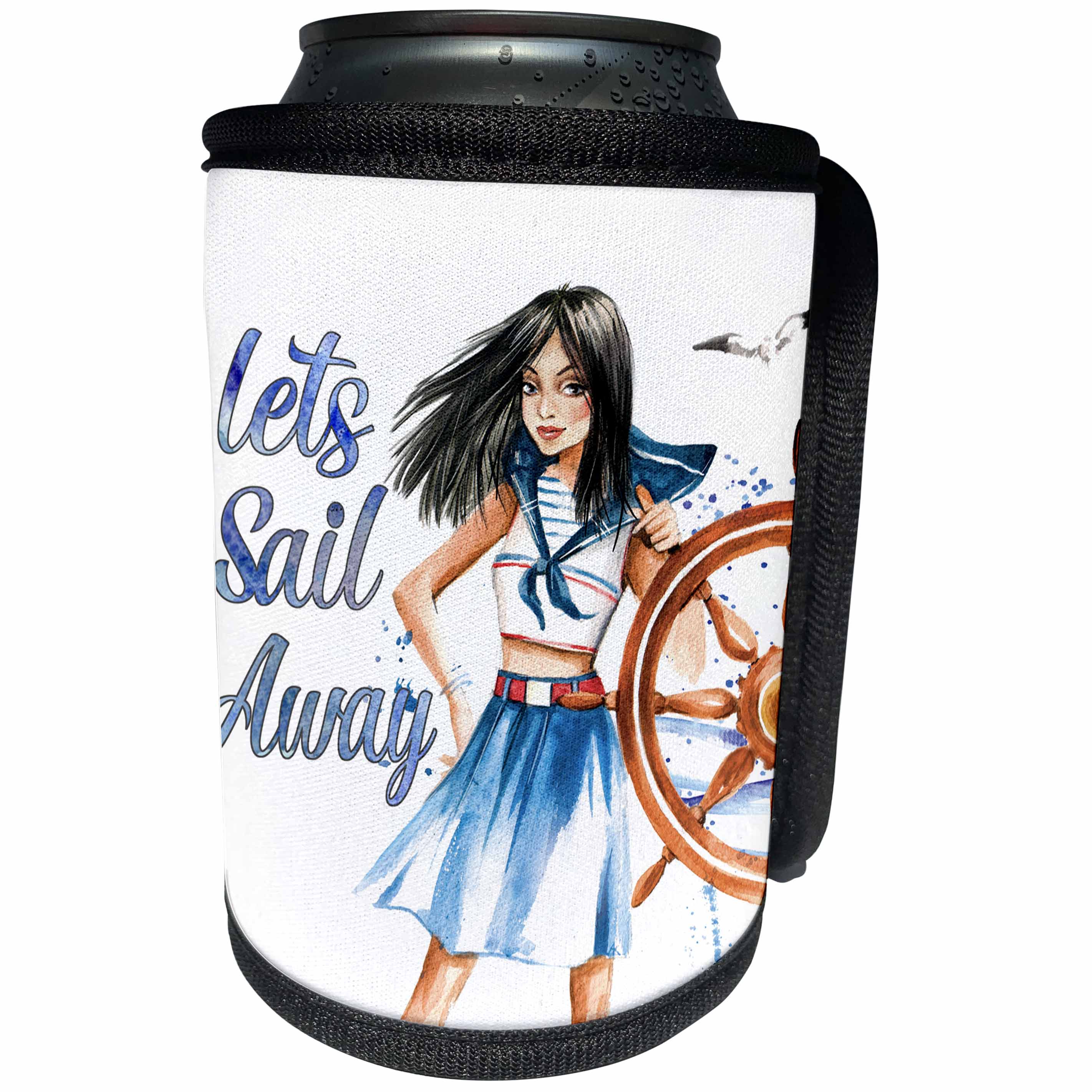 3dRose Anne Marie Baugh - Quotes - Cute Sailing Girl With Lets Sail Away - Can Cooler Bottle Wrap (cc_252947)