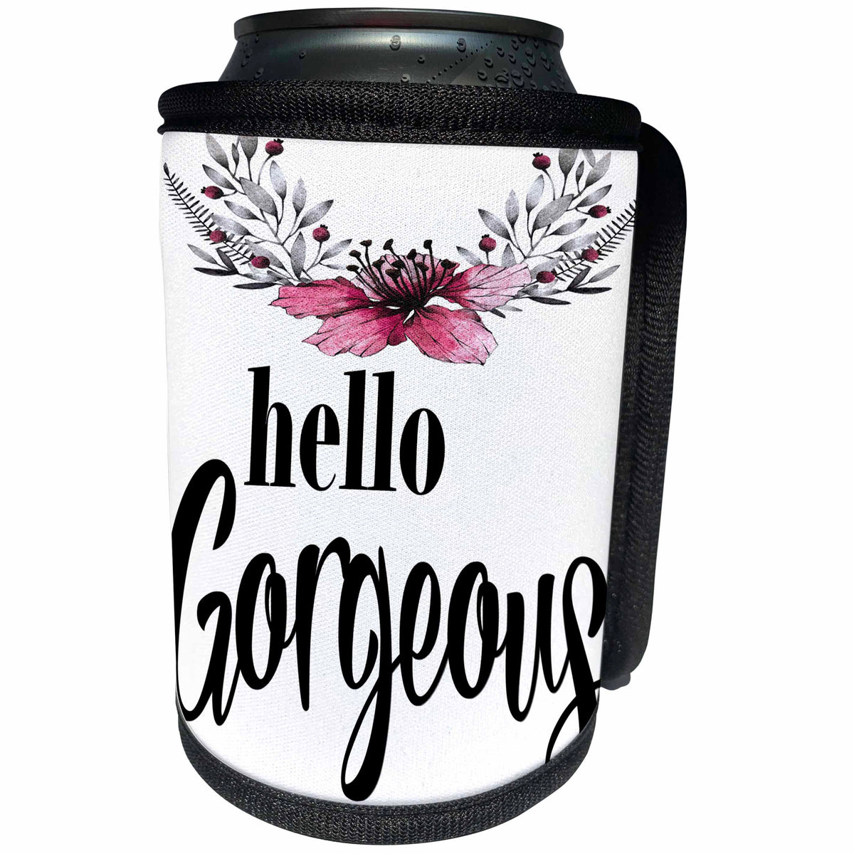 3dRose Anne Marie Baugh - Quotes - Hello Gorgeous With A Pretty Watercolor Floral Accent - Can Cooler Bottle Wrap (cc_252950)