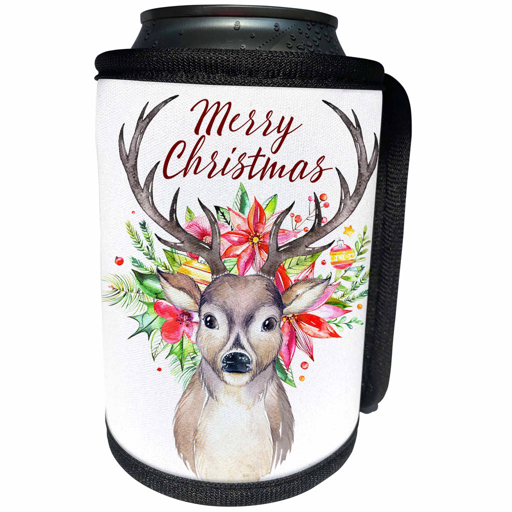 3dRose Anne Marie Baugh - Christmas - Pretty Watercolor Floral Deer With Antlers and Merry Christmas - Can Cooler Bottle Wrap (cc_252956)