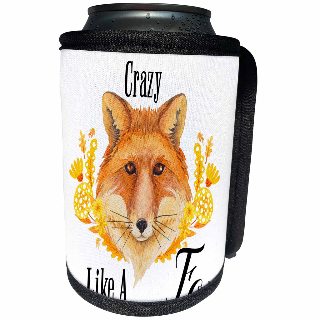 3dRose Anne Marie Baugh - Quotes - Watercolor Floral Fox With Crazy Like A Fox - Can Cooler Bottle Wrap (cc_252960)
