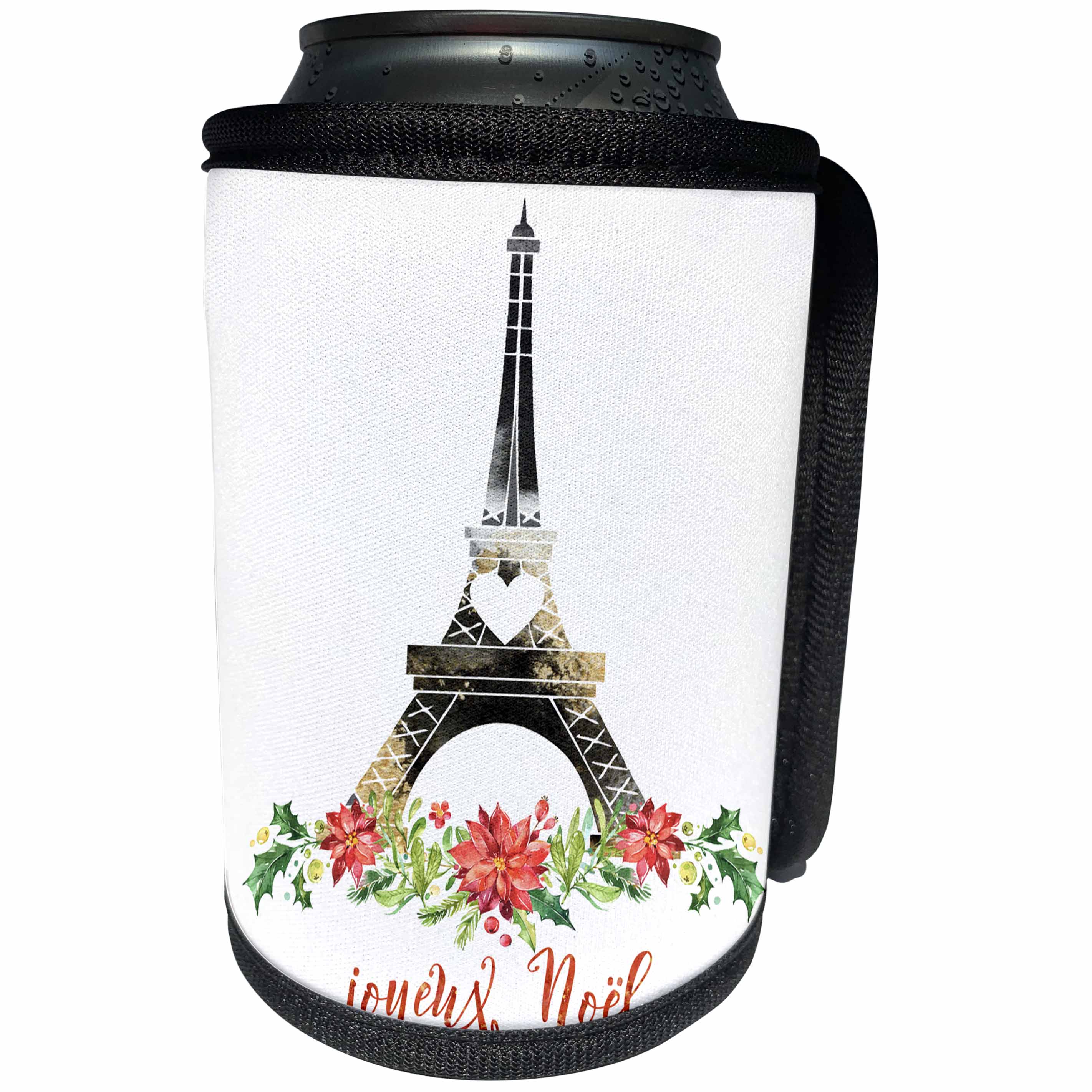 3dRose Anne Marie Baugh - Christmas - Black and Gold Christmas Floral Eiffel Tower With Joyeux Noel - Can Cooler Bottle Wrap (cc_252964)