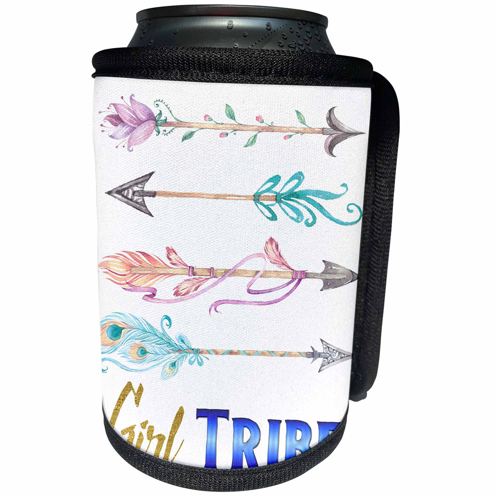 3dRose Anne Marie Baugh - Quotes - Pretty Watercolor Tribal Arrows With Girl Tribe - Can Cooler Bottle Wrap (cc_252965)