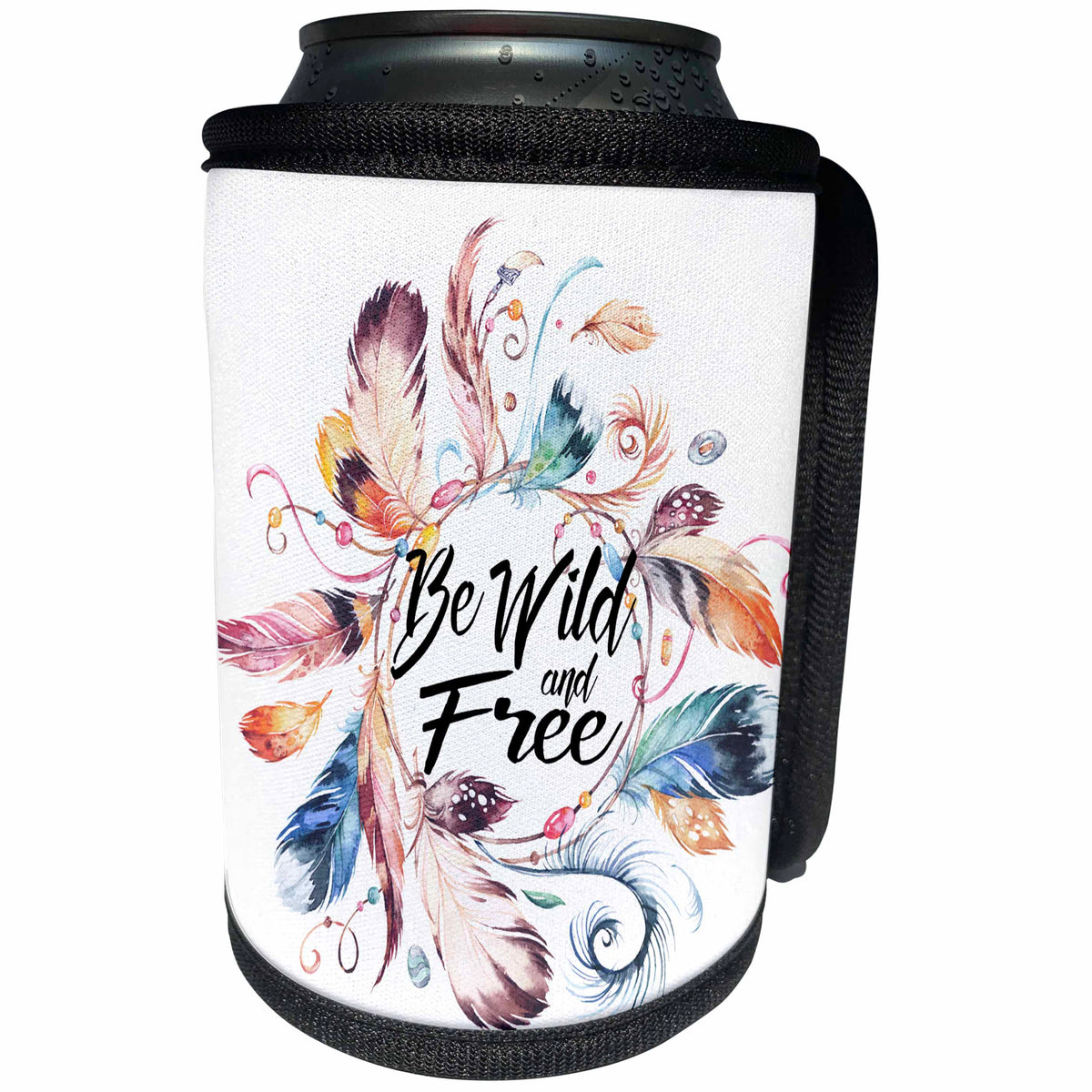 3dRose Anne Marie Baugh - Quotes - Pretty Watercolor Feather Wreath with Be Wild and Free - Can Cooler Bottle Wrap (cc_252967)