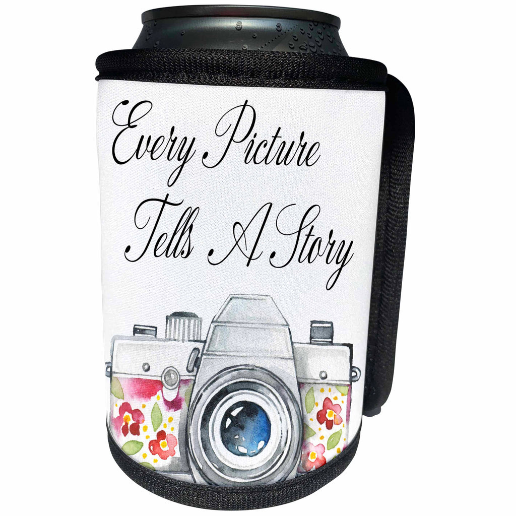 3dRose Anne Marie Baugh - Quotes - Every Picture Tells A Story With A Watercolor Floral Camera - Can Cooler Bottle Wrap (cc_252969)