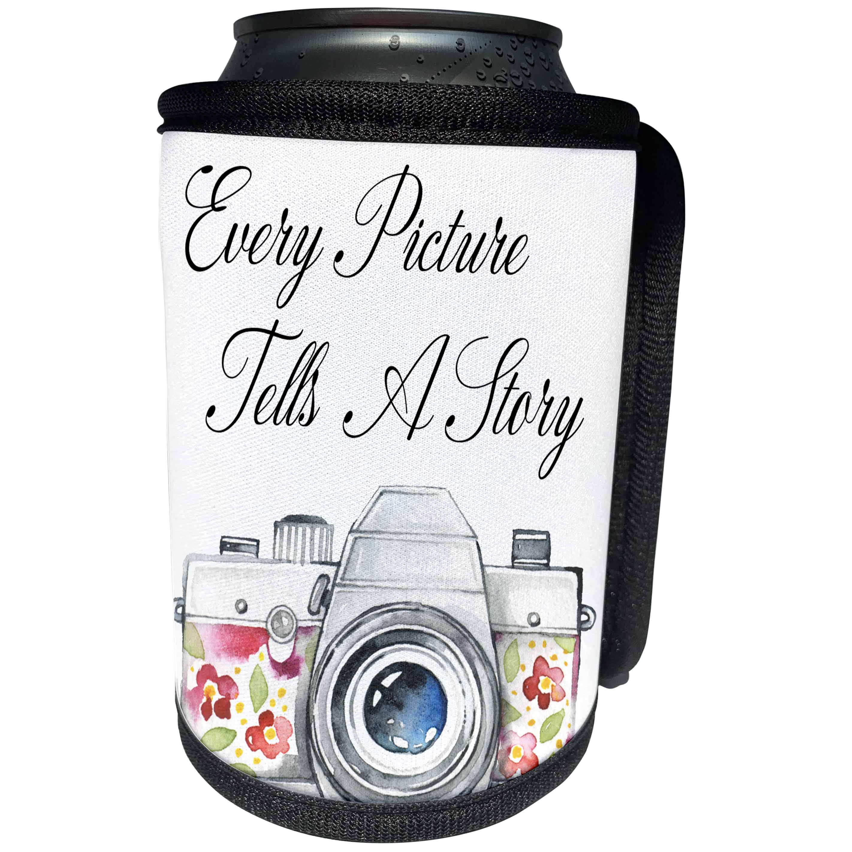 3dRose Anne Marie Baugh - Quotes - Every Picture Tells A Story With A Watercolor Floral Camera - Can Cooler Bottle Wrap (cc_252969)
