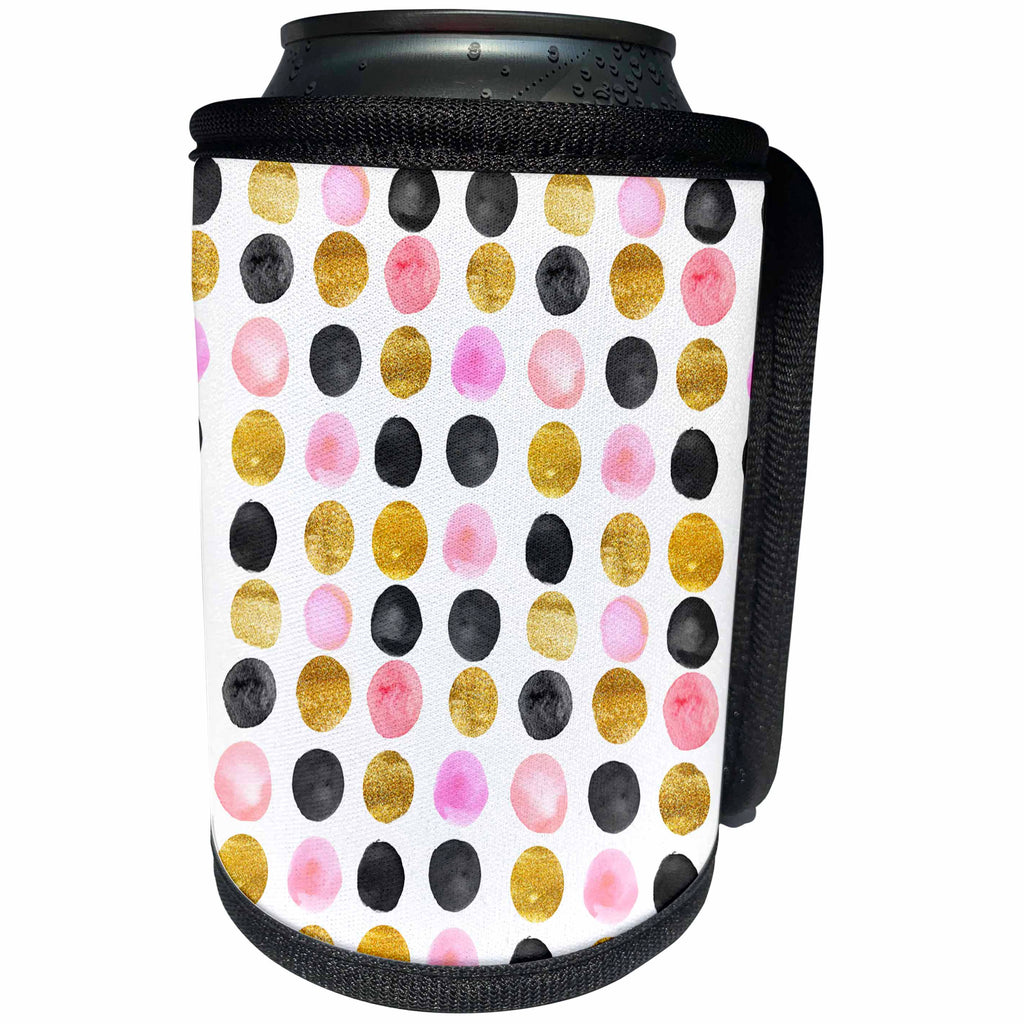 3dRose Anne Marie Baugh - Patterns - Pink, Gold, and Black Watercolor Hand Painted Circle Dots - Can Cooler Bottle Wrap (cc_252980)