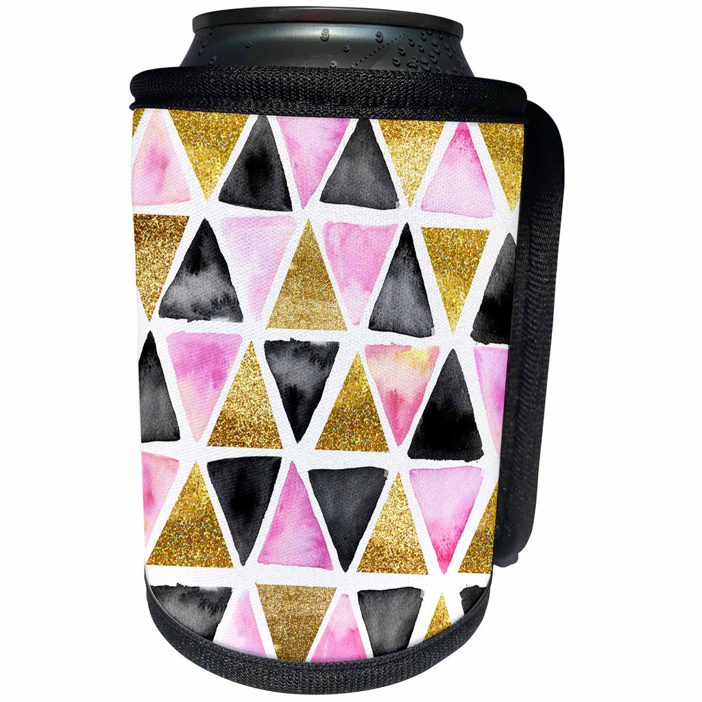 3dRose Anne Marie Baugh - Patterns - Pink, Gold, and Black Watercolor Hand Painted Triangle Pattern - Can Cooler Bottle Wrap (cc_252981)