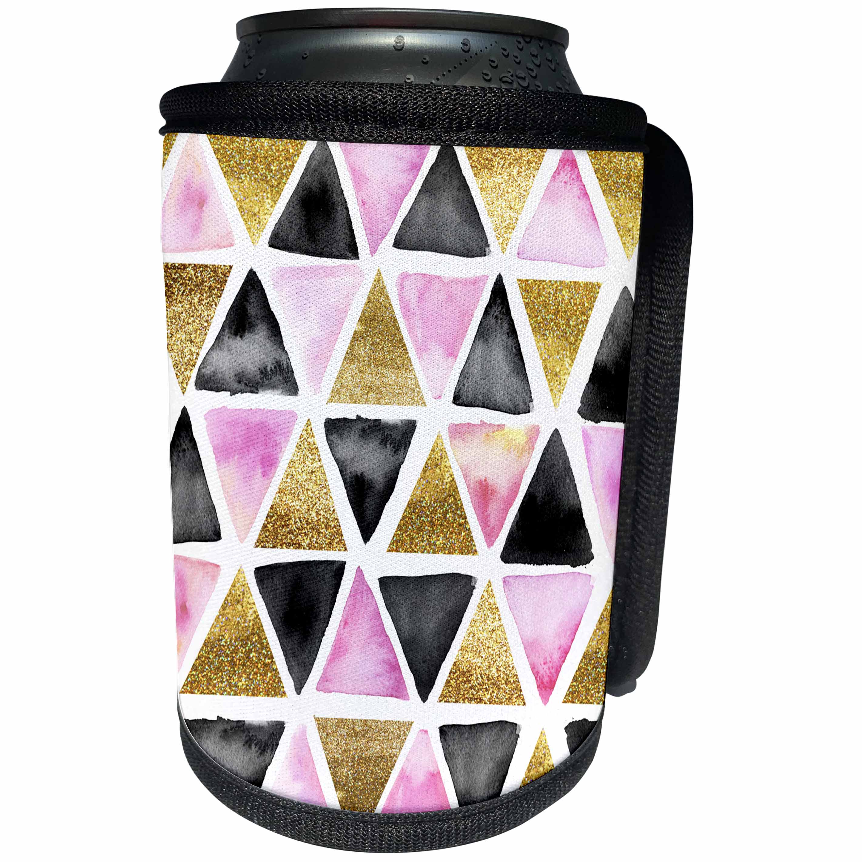 3dRose Anne Marie Baugh - Patterns - Pink, Gold, and Black Watercolor Hand Painted Triangle Pattern - Can Cooler Bottle Wrap (cc_252981)