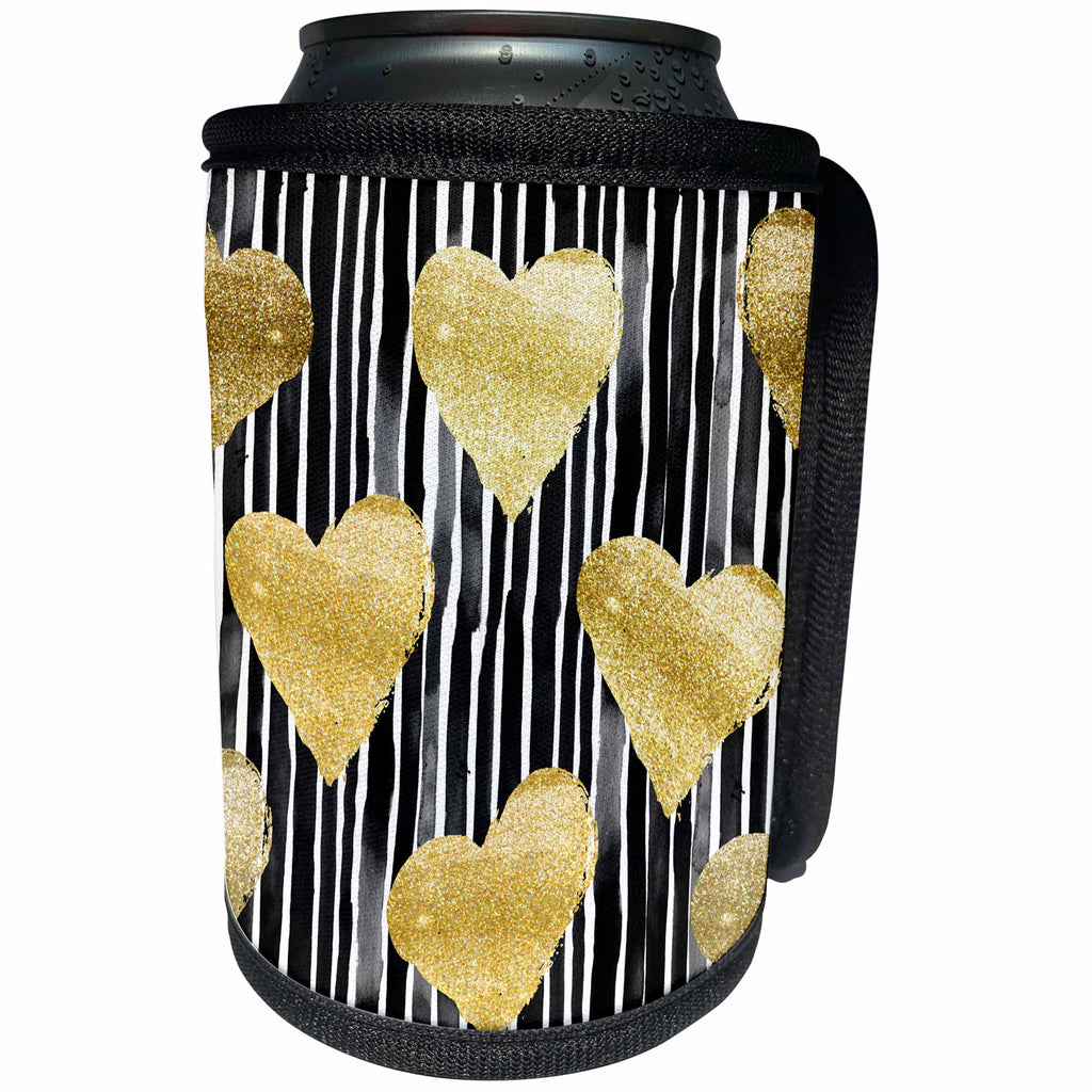 3dRose Anne Marie Baugh - Patterns - Black and White Hand Painted Stripes With Gold Hearts Pattern - Can Cooler Bottle Wrap (cc_252985)