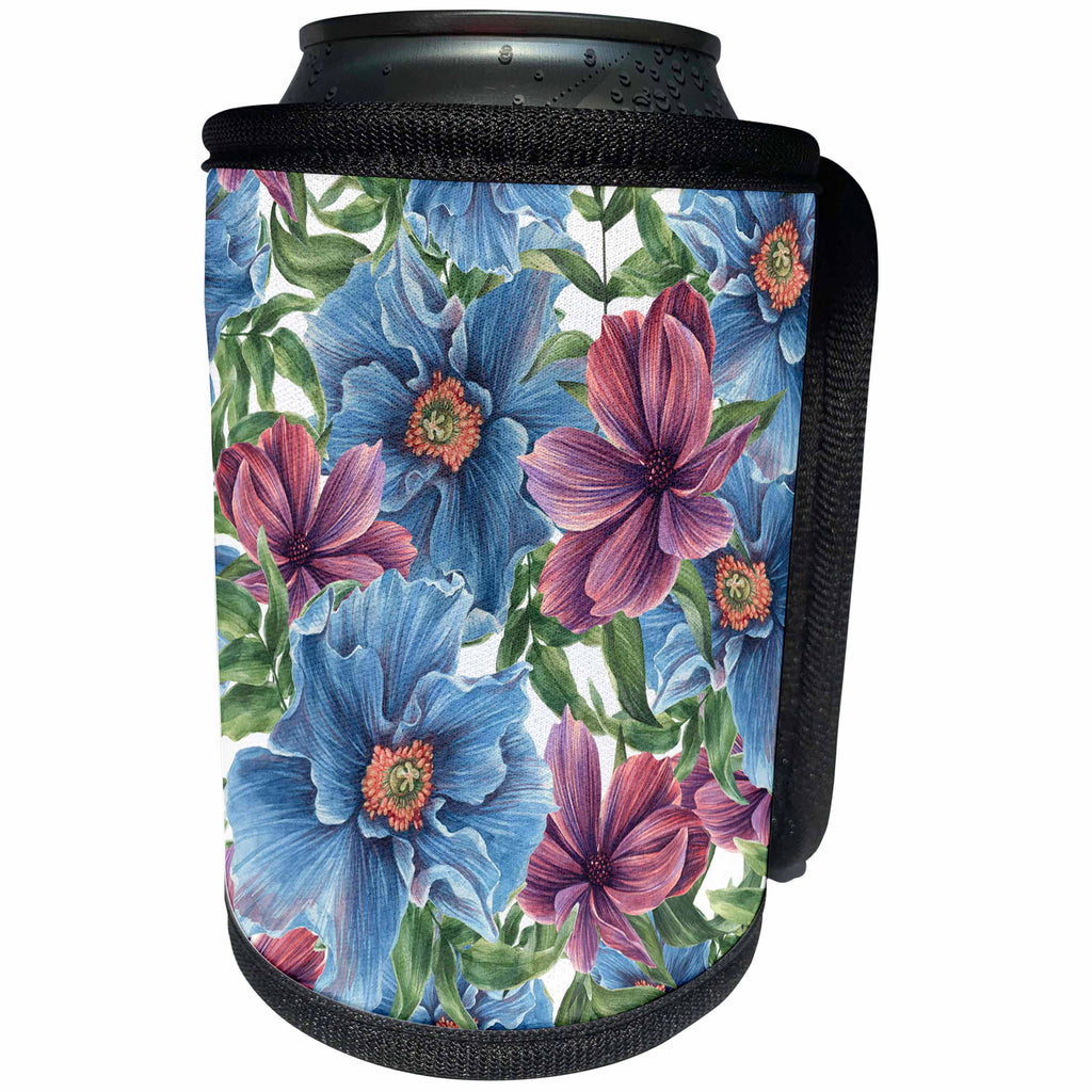 3dRose Anne Marie Baugh - Patterns - Pretty Deep Blue and Purple Flowers Pattern - Can Cooler Bottle Wrap (cc_252991)