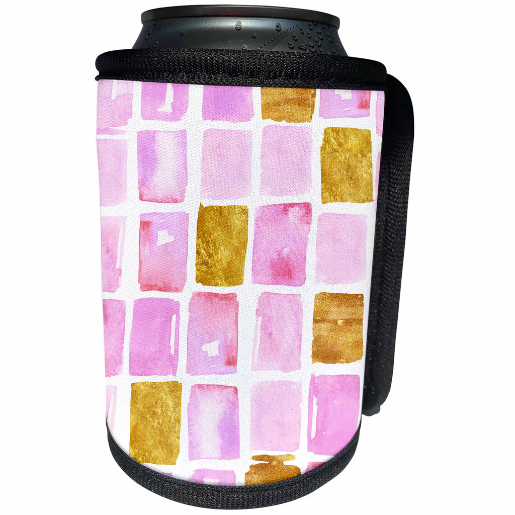 3dRose Anne Marie Baugh - Patterns - Chic Pink and Gold Watercolor Squares Pattern - Can Cooler Bottle Wrap (cc_252994)