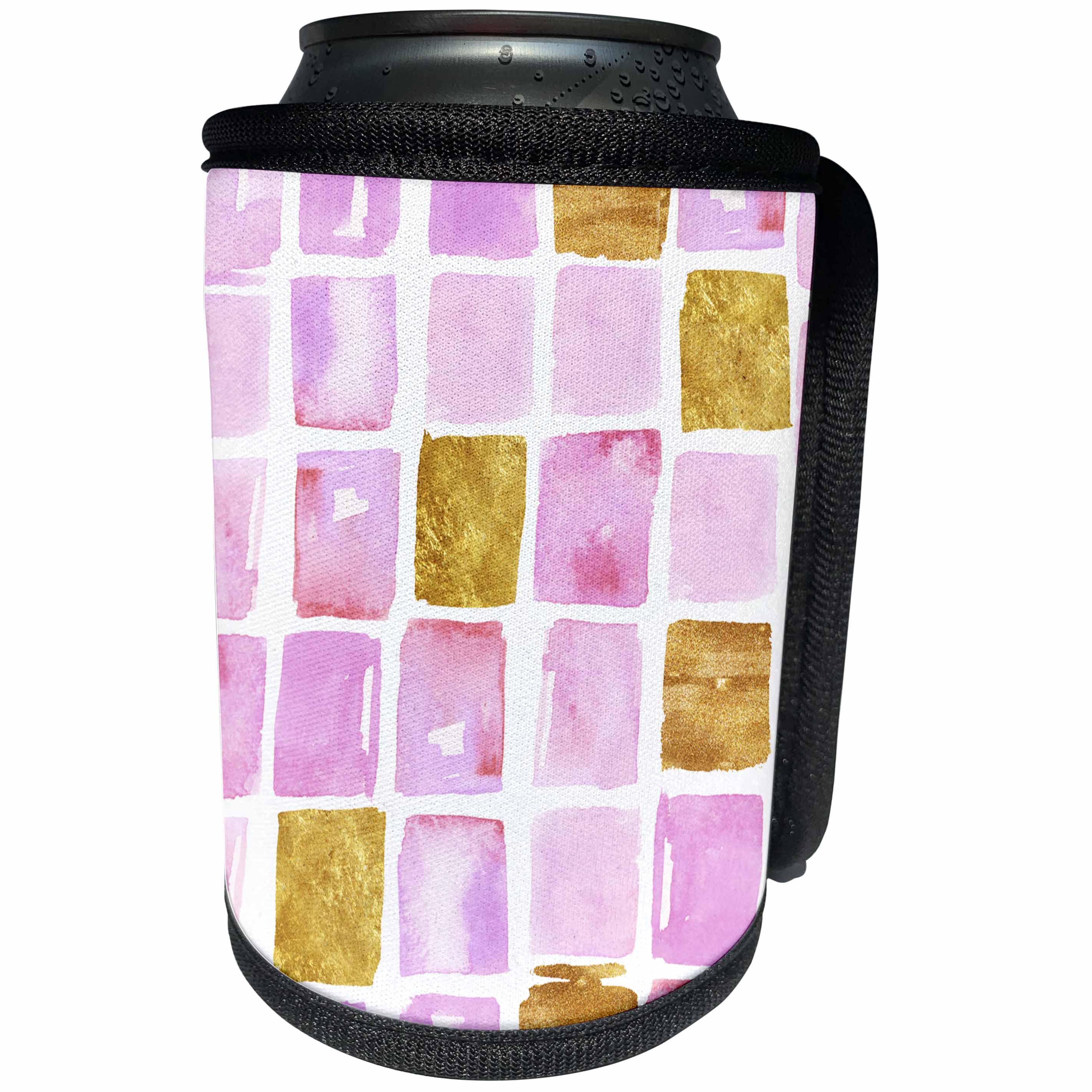 3dRose Anne Marie Baugh - Patterns - Chic Pink and Gold Watercolor Squares Pattern - Can Cooler Bottle Wrap (cc_252994)