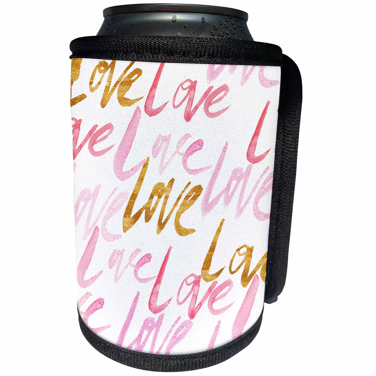 3dRose Anne Marie Baugh - Patterns - Pink and Gold Hand Painted Watercolor Love Pattern - Can Cooler Bottle Wrap (cc_252996)