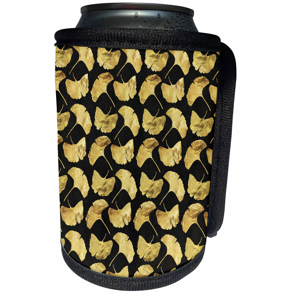 3dRose Anne Marie Baugh - Patterns - Pretty Gold Gingko Flowers On A Black Background - Can Cooler Bottle Wrap (cc_252998)