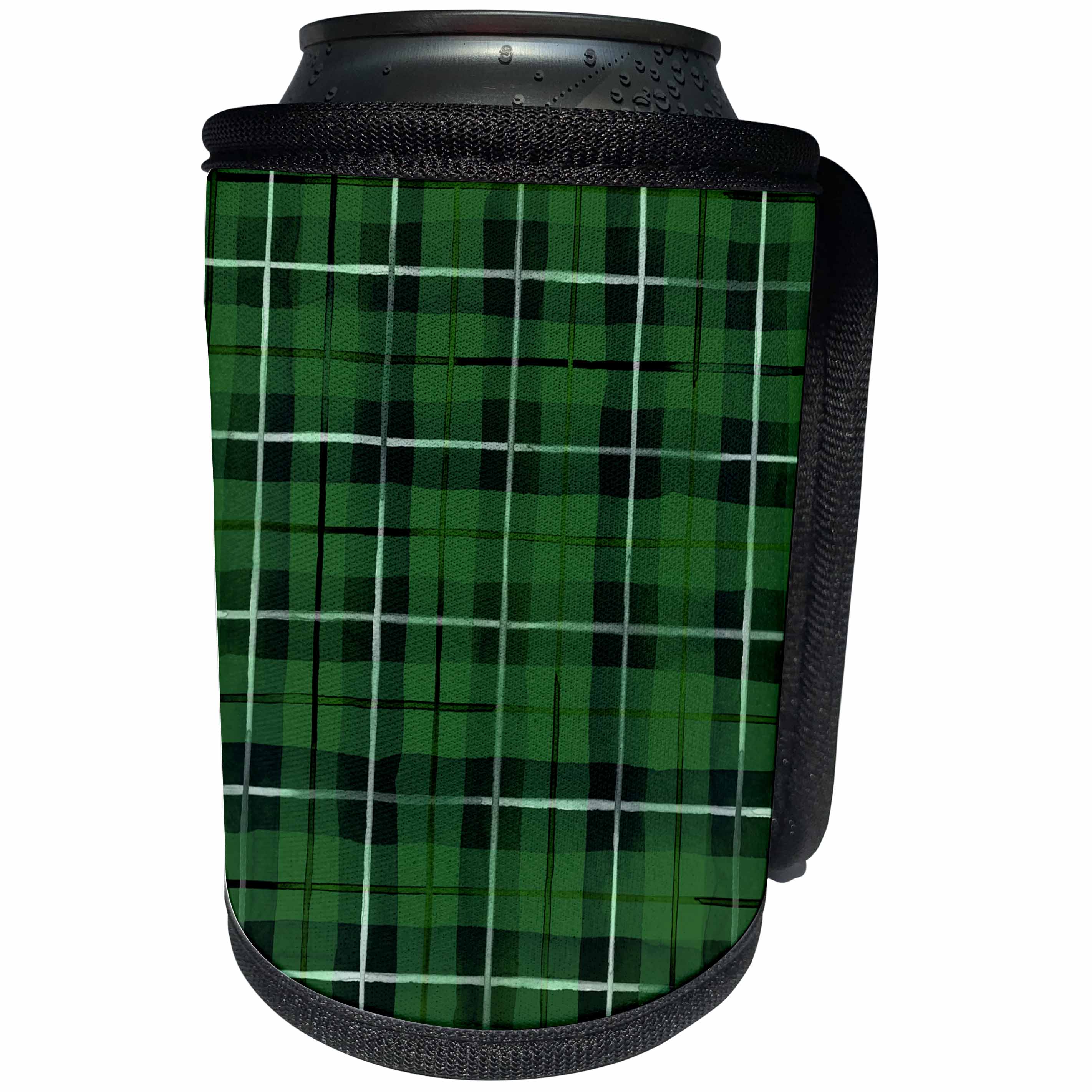 3dRose Anne Marie Baugh - Patterns - Green, Black, and White Plaid Pattern - Can Cooler Bottle Wrap (cc_253001)
