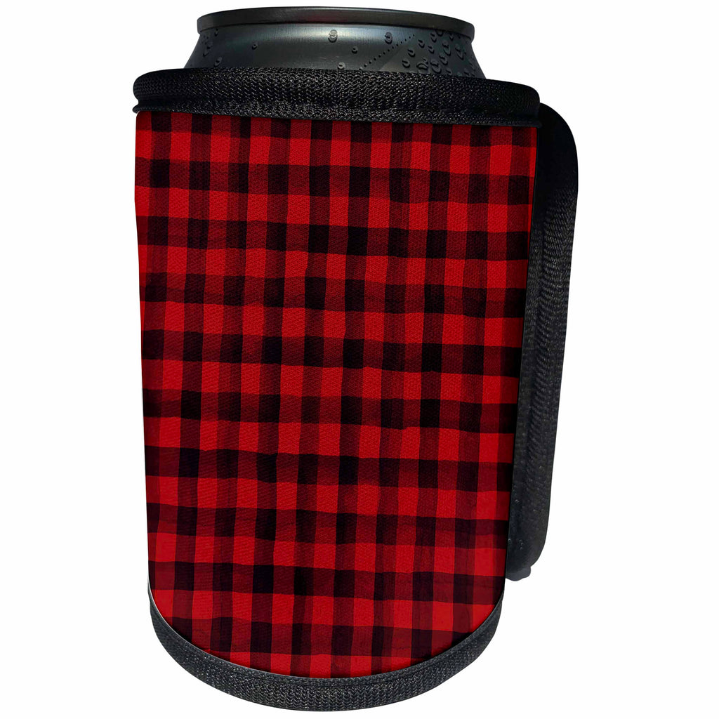 3dRose Anne Marie Baugh - Patterns - Red and Black Plaid Checks Pattern - Can Cooler Bottle Wrap (cc_253002)