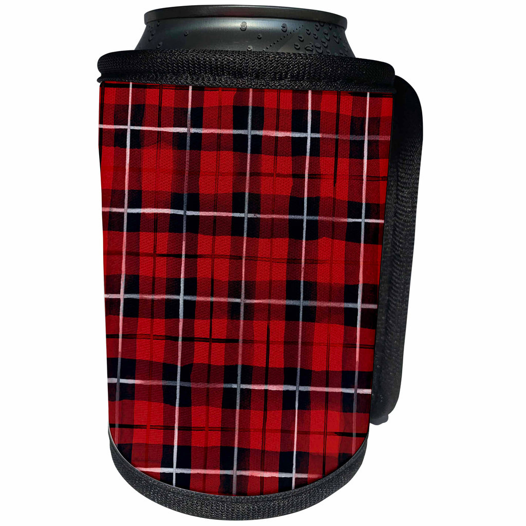 3dRose Anne Marie Baugh - Patterns - Red, Black, and White Plaid Pattern - Can Cooler Bottle Wrap (cc_253004)