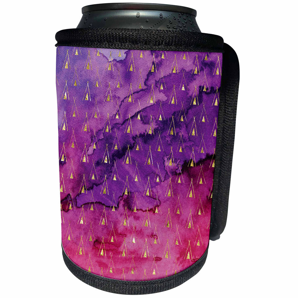 3dRose Anne Marie Baugh - Patterns - Gold Tribal TeePee Tents On A Pink and Purple Watercolor Background - Can Cooler Bottle Wrap (cc_253013)