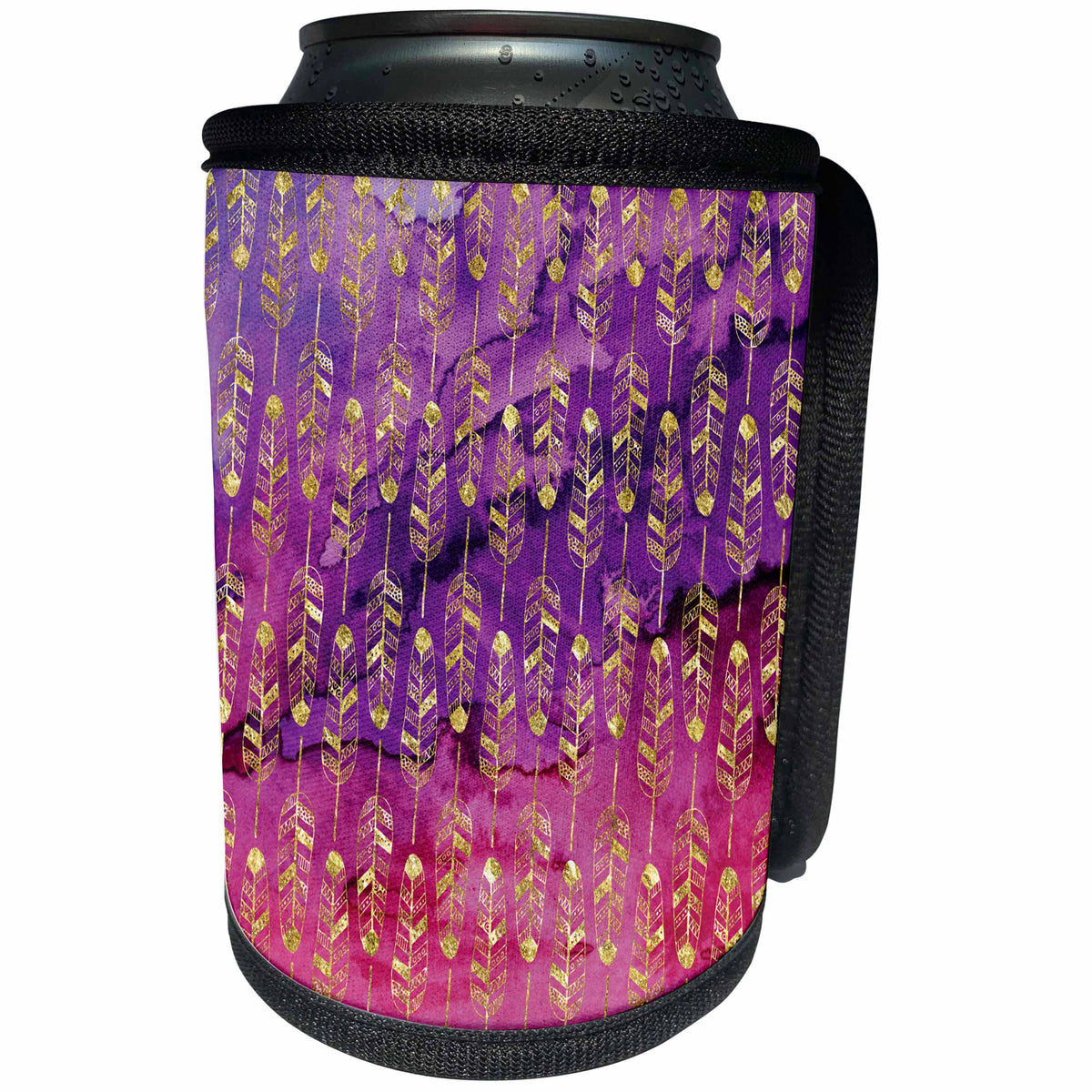 3dRose Anne Marie Baugh - Patterns - Gold Tribal Feathers Pattern On Pink and Purple Watercolor - Can Cooler Bottle Wrap (cc_253015)
