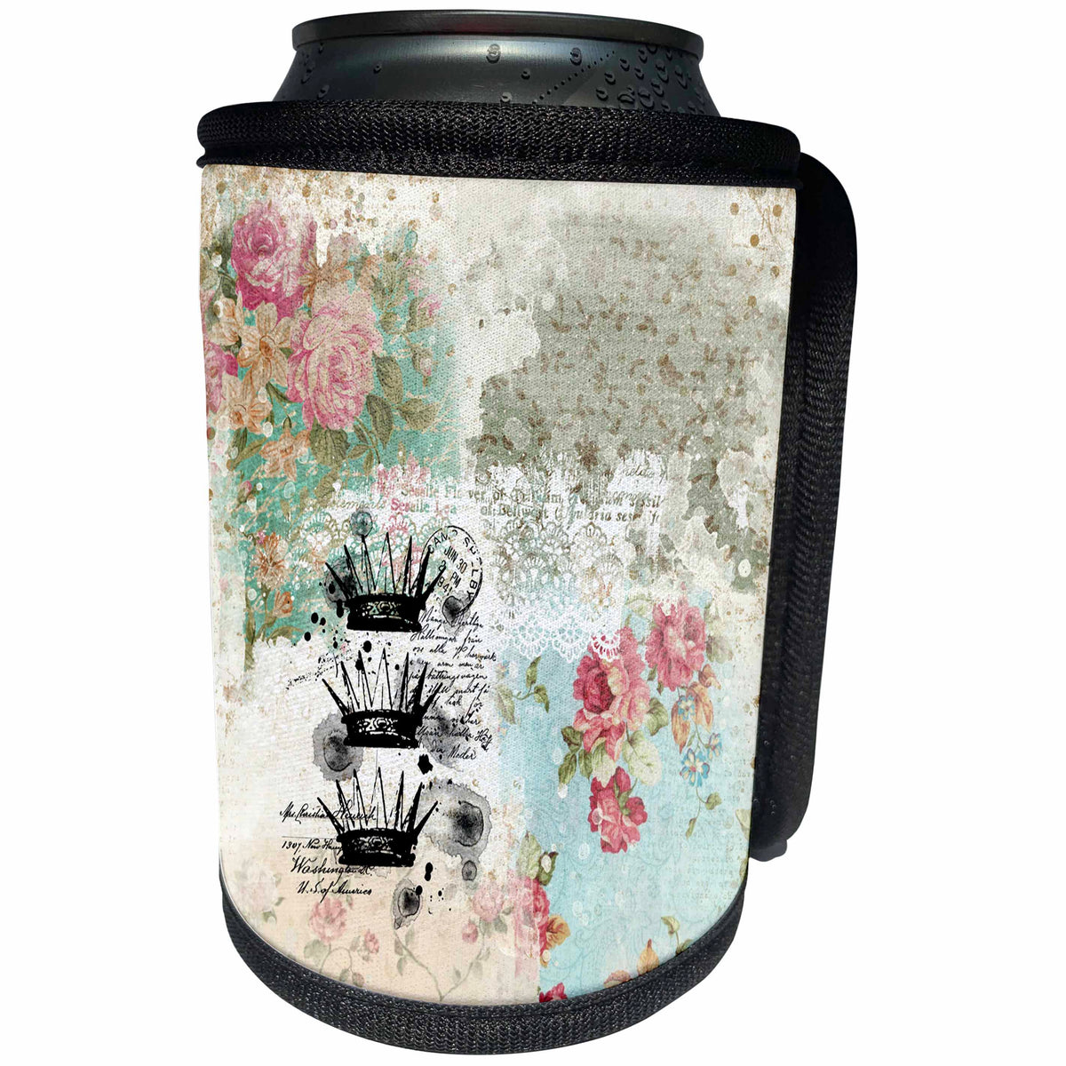3dRose Anne Marie Baugh - Collage - Floral and Crowns Pink, Blue and White Writing Collage - Can Cooler Bottle Wrap (cc_253016)