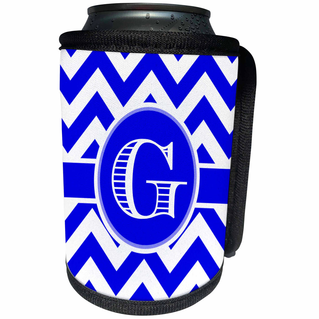 3dRose BrooklynMeme Designs - Blue and white chevron monogram white initial G - Can Cooler Bottle Wrap (cc_253028)