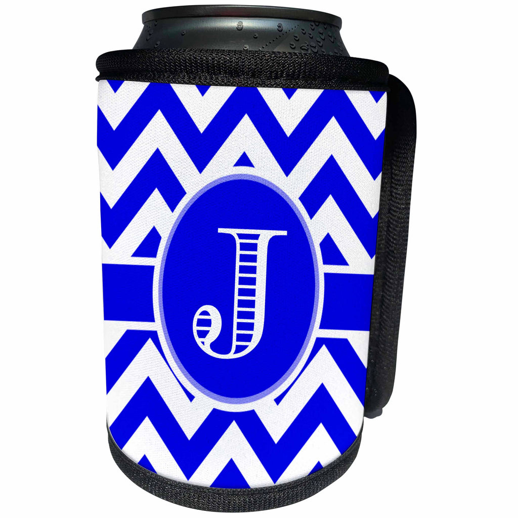 3dRose BrooklynMeme Designs - Blue and white chevron monogram white initial J - Can Cooler Bottle Wrap (cc_253031)