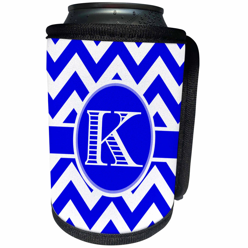 3dRose BrooklynMeme Designs - Blue and white chevron monogram white initial K - Can Cooler Bottle Wrap (cc_253032)
