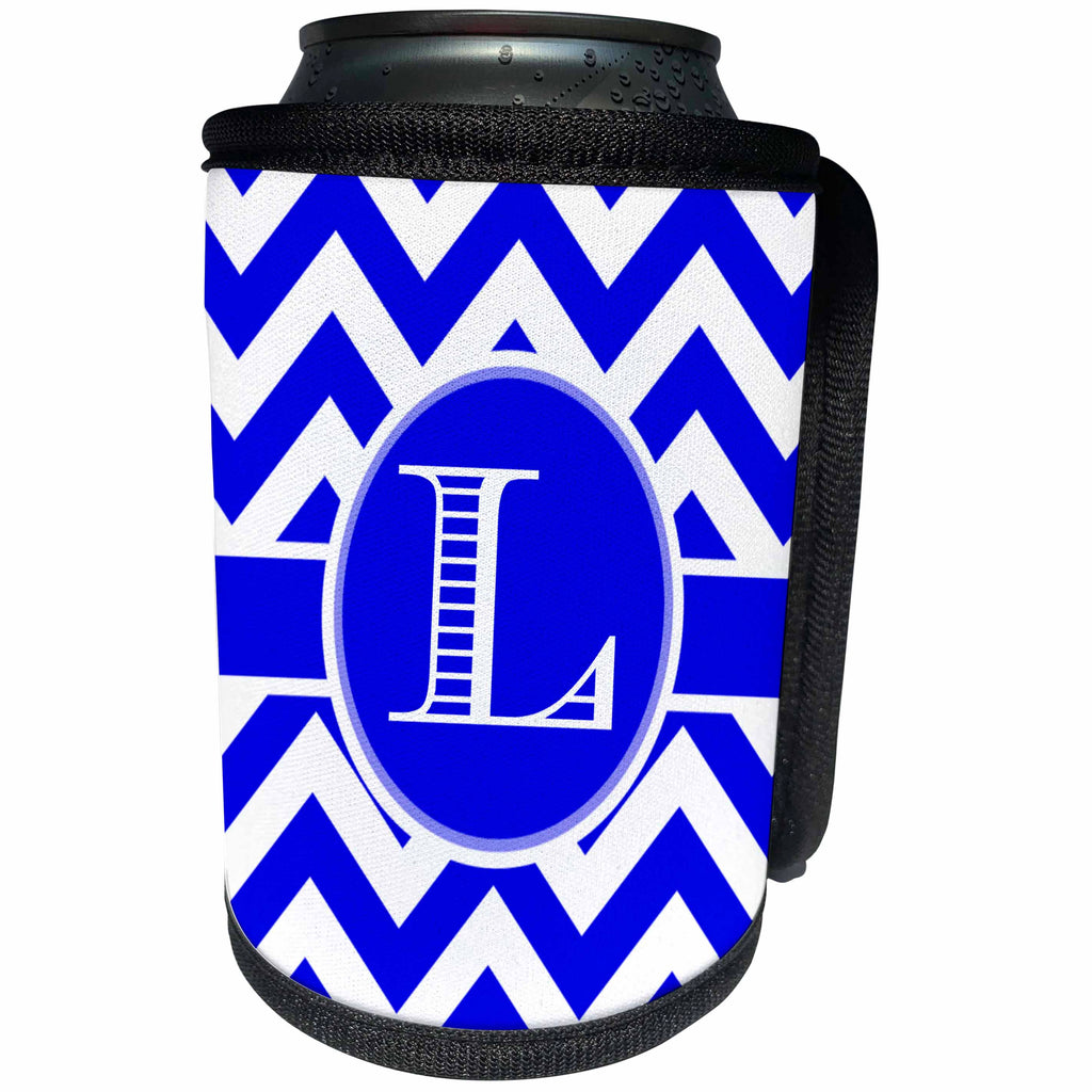 3dRose BrooklynMeme Designs - Blue and white chevron monogram white initial L - Can Cooler Bottle Wrap (cc_253033)