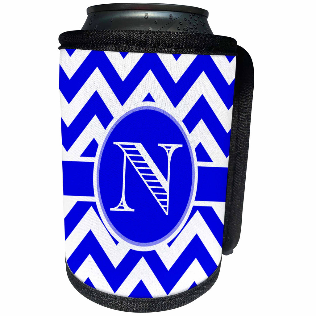 3dRose BrooklynMeme Designs - Blue and white chevron monogram white initial N - Can Cooler Bottle Wrap (cc_253035)