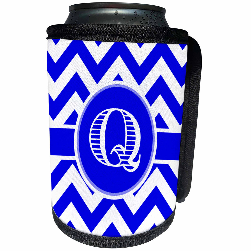 3dRose BrooklynMeme Designs - Blue and white chevron monogram white initial Q - Can Cooler Bottle Wrap (cc_253038)