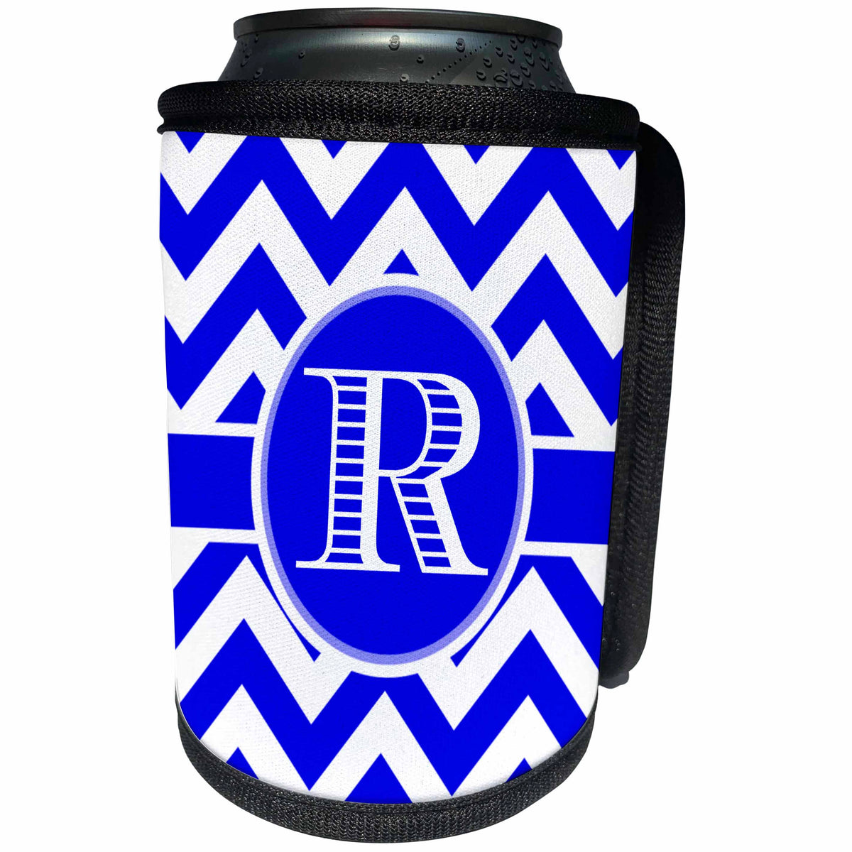 3dRose BrooklynMeme Designs - Blue and white chevron monogram white initial R - Can Cooler Bottle Wrap (cc_253039)