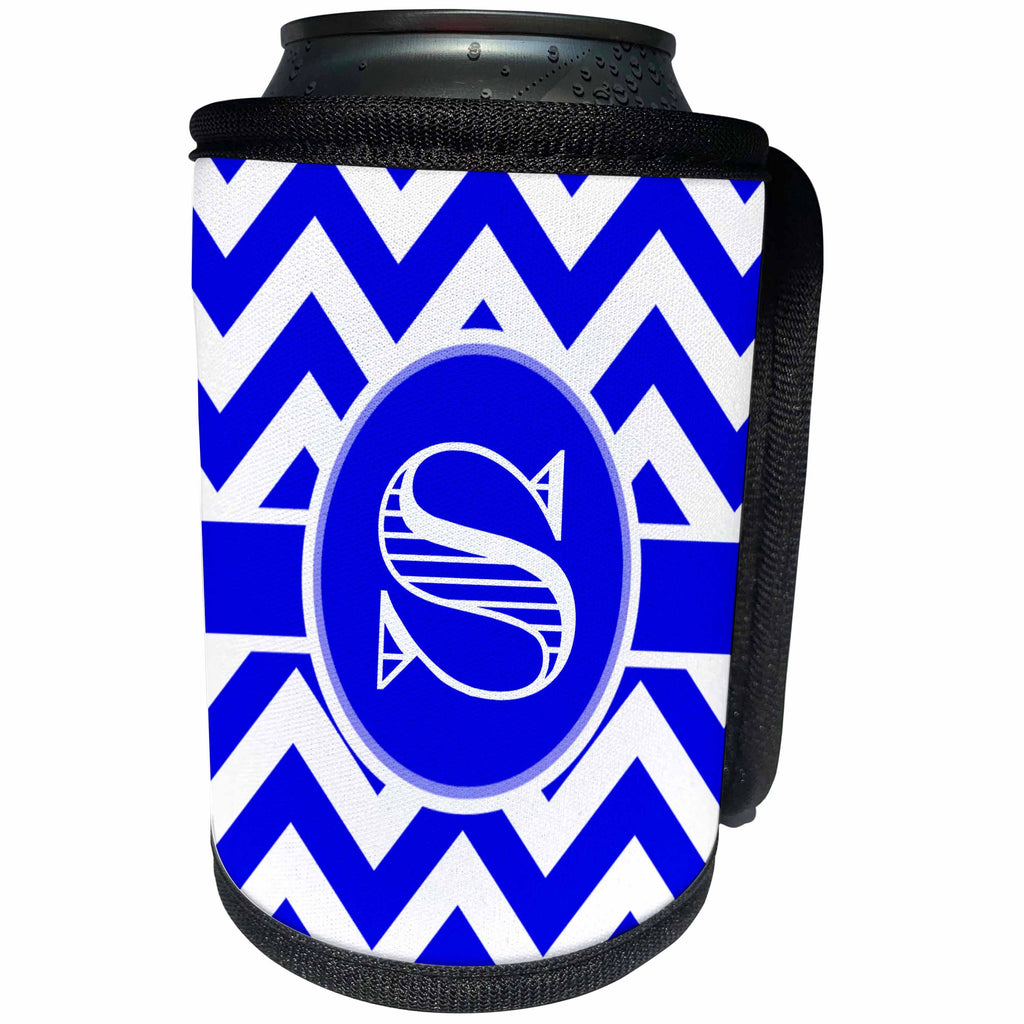 3dRose BrooklynMeme Designs - Blue and white chevron monogram white initial S - Can Cooler Bottle Wrap (cc_253040)