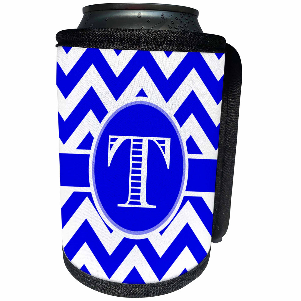3dRose BrooklynMeme Designs - Blue and white chevron monogram white initial T - Can Cooler Bottle Wrap (cc_253041)