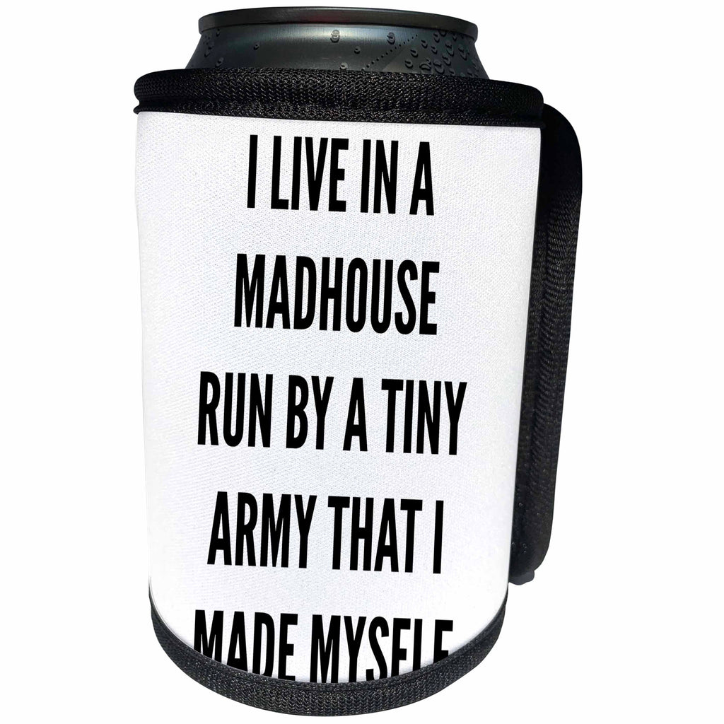 3dRose BrooklynMeme Funny Sayings - I live in a madhouse - Can Cooler Bottle Wrap (cc_253060)