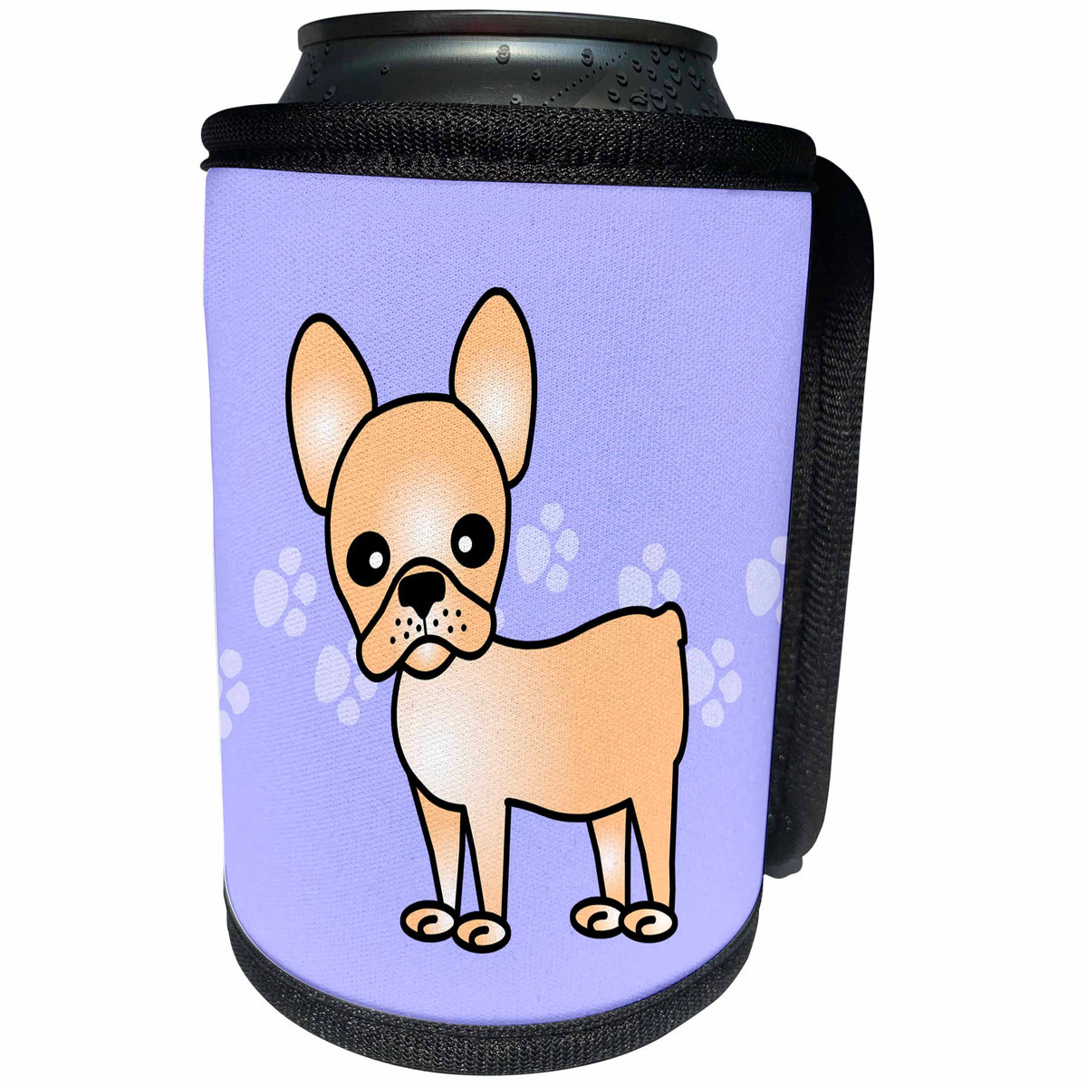 3dRose Janna Salak Designs Dogs - Cute Cream French Bulldog Blue with Pawprints - Can Cooler Bottle Wrap (cc_25324)