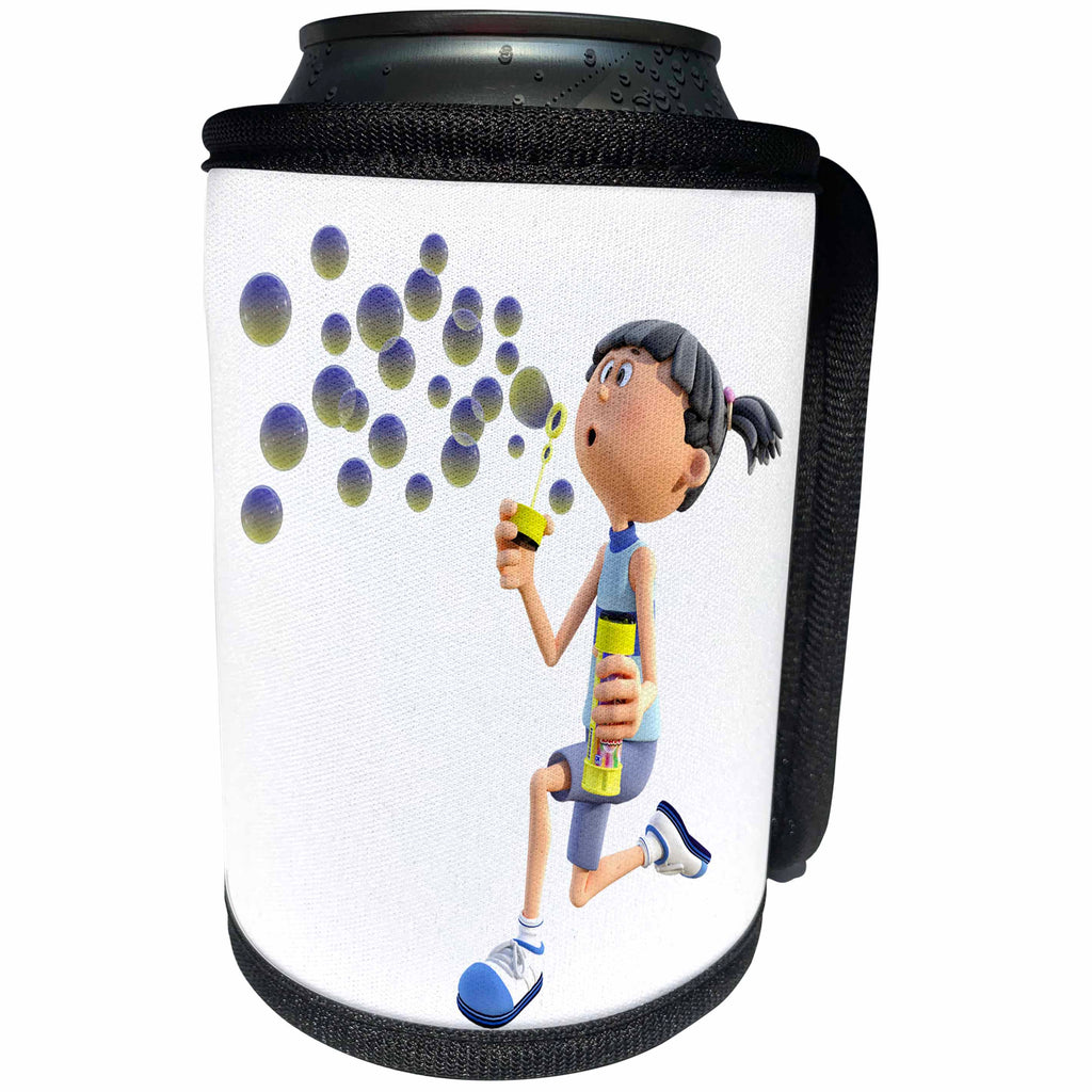 3dRose Boehm Graphics Cartoon - Young Girl Blowing Bubbles - Can Cooler Bottle Wrap (cc_253259)