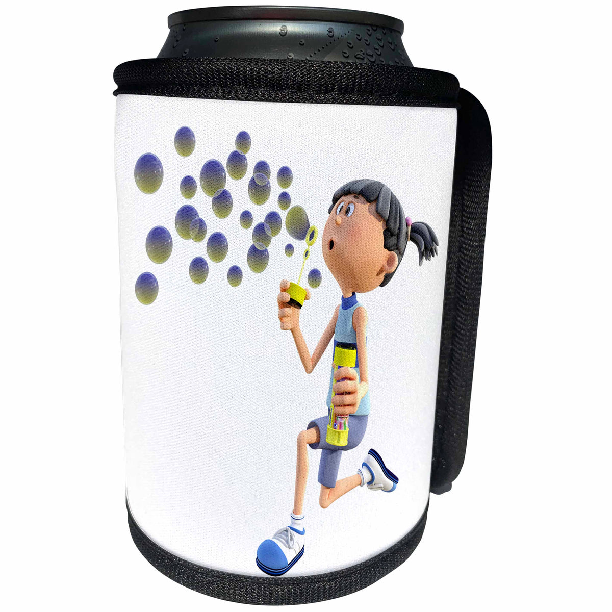 3dRose Boehm Graphics Cartoon - Young Girl Blowing Bubbles - Can Cooler Bottle Wrap (cc_253259)